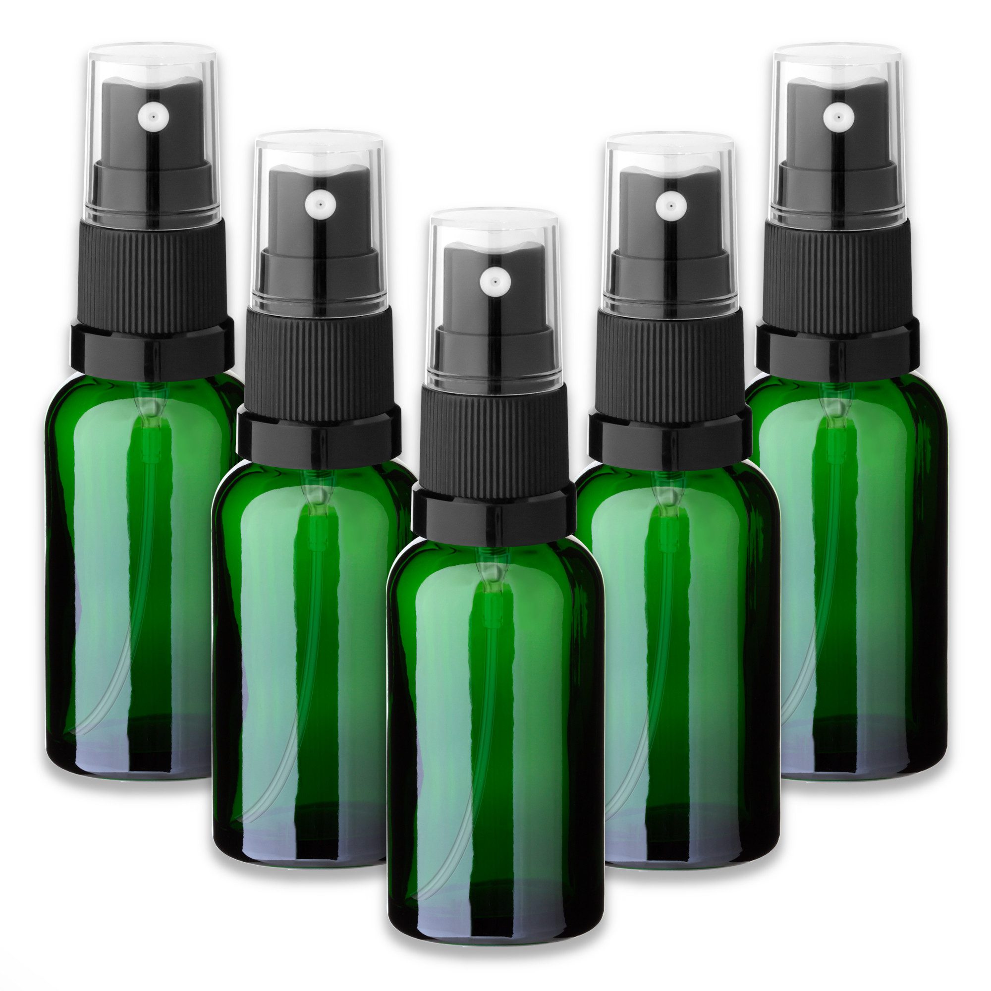 Zerstäuberflasche 5x Grüne Glasflasche 30 ml mit schwarzem Zerstäuber Sprühkopf 18/415