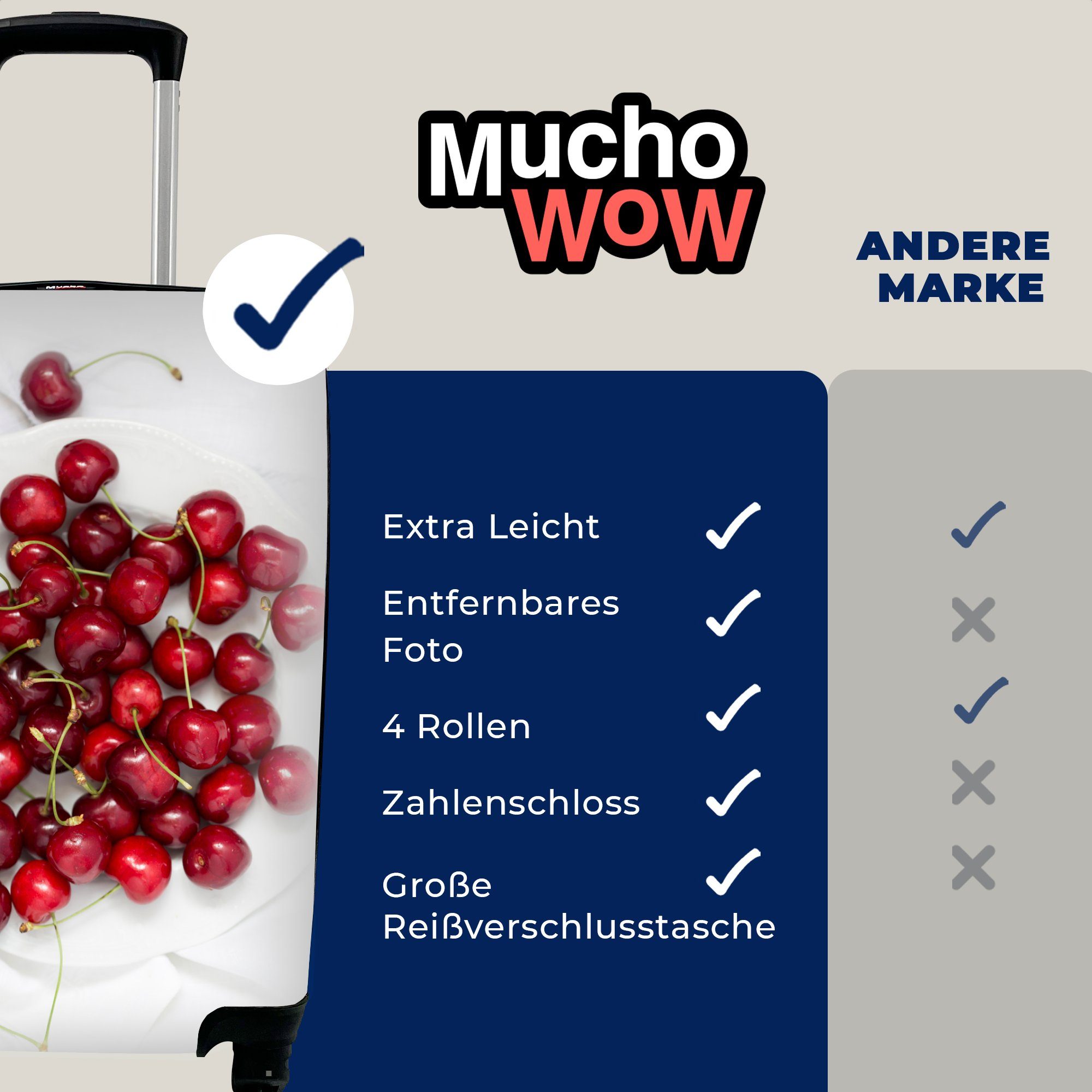 MuchoWow Handgepäckkoffer Kirschen Weiß, - Reisetasche mit Obst für Rollen, rollen, 4 Handgepäck Ferien, Reisekoffer - Trolley