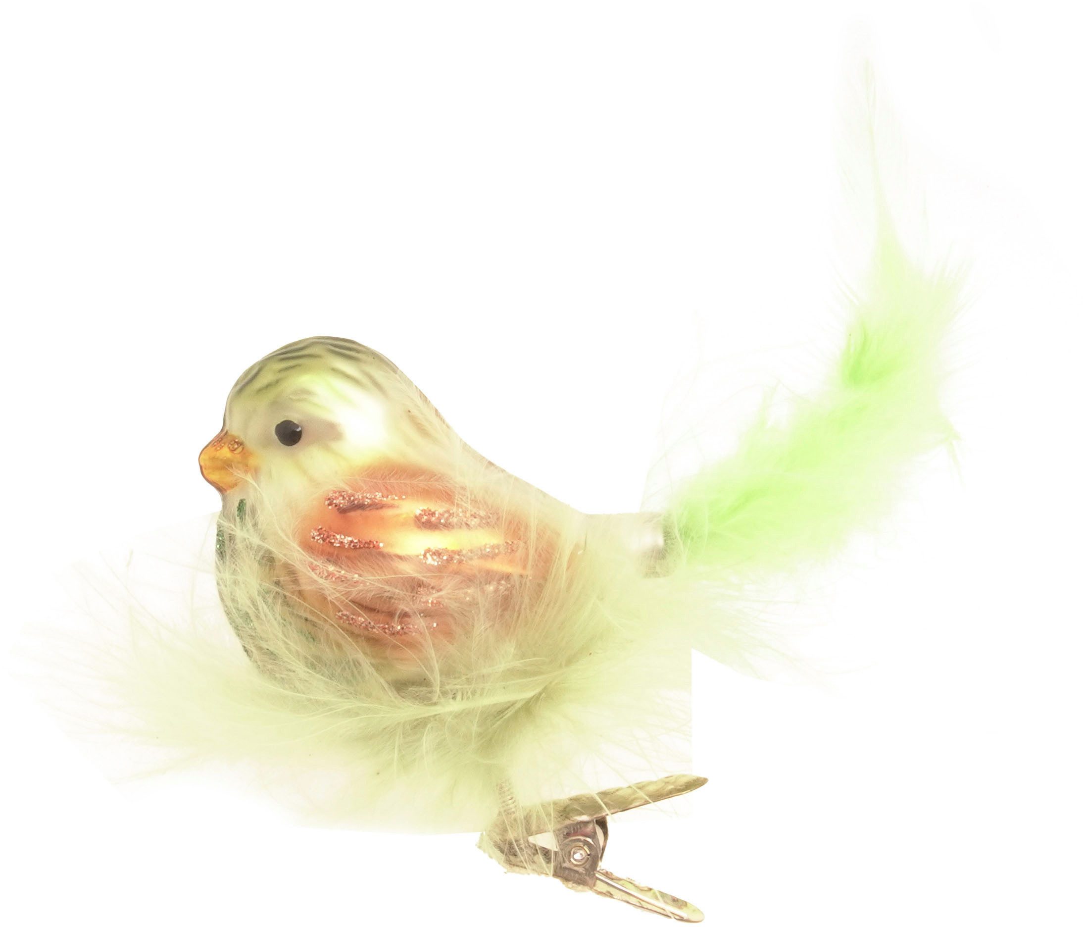 Krebs Glas Lauscha Weihnachtsbaumklammer Vogel mit Federnest (1-tlg), Weihnachtsbaumklammern, Glas, mundgeblasen, handgefertigt, Glasvogel