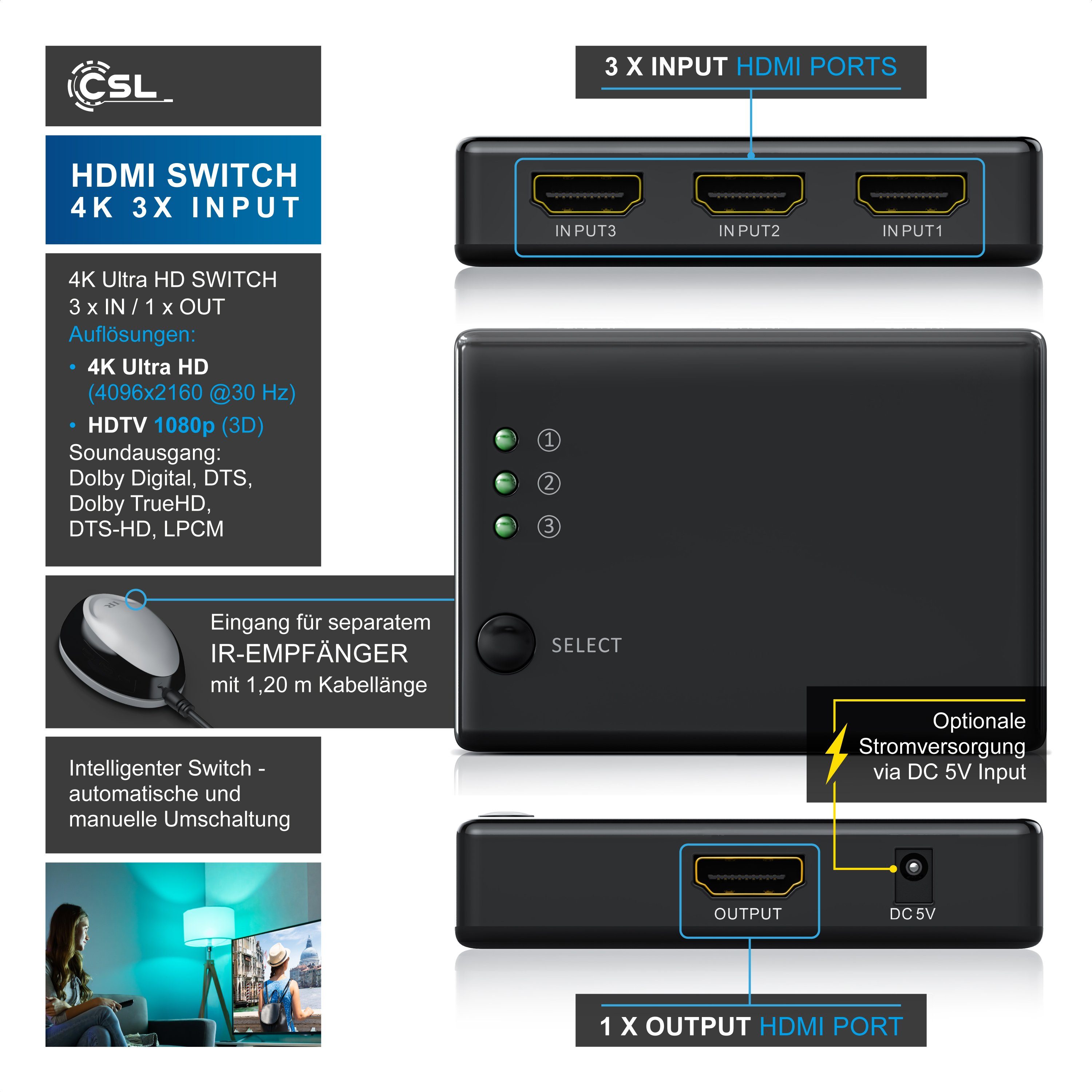 Primewire Audio / Video Matrix-Switch 3-Port 4Kx2K Ultra HD HDMI Switch/Verteiler, automatische Umschaltung, Video-/Audioschalter mit Verstärker, UHD inkl. Fern – Bild 2 von 5