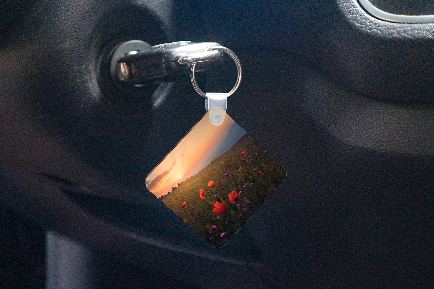 MuchoWow Schlüsselanhänger Blumenfeld - Gras - Blumen - Pflanzen - Sonnenuntergang - Orange, Quadratisch, Accessoire Auto / Haus / Rucksack / Handtasche, 5x5 cm