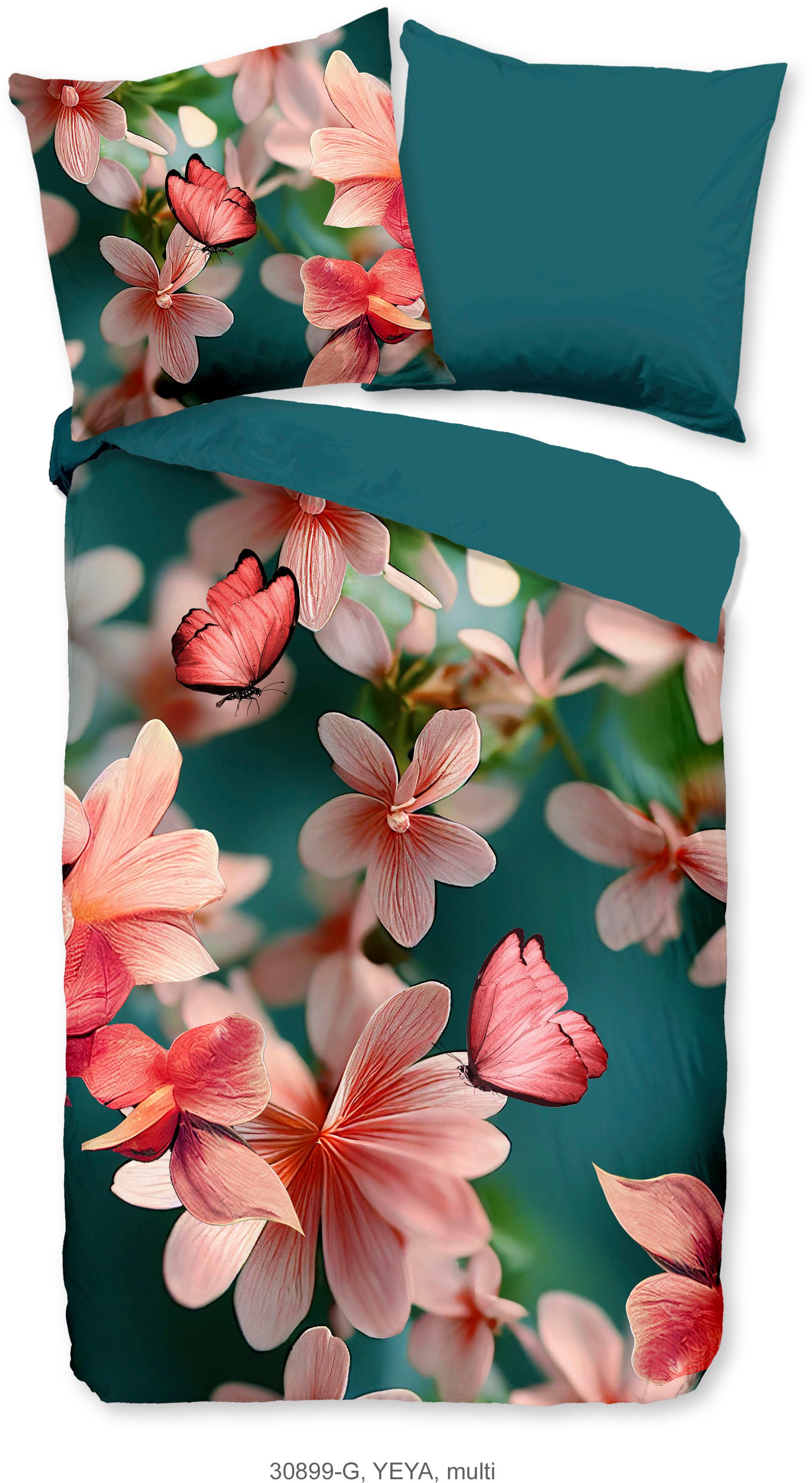 PURE luxury collection Wendebettwäsche Yeya, Microfaser, 2 teilig, Mikrofaser, 135x200, Pflegeleicht Reißverschluss, Wende, Blumen Petrol – Bild 2 von 5