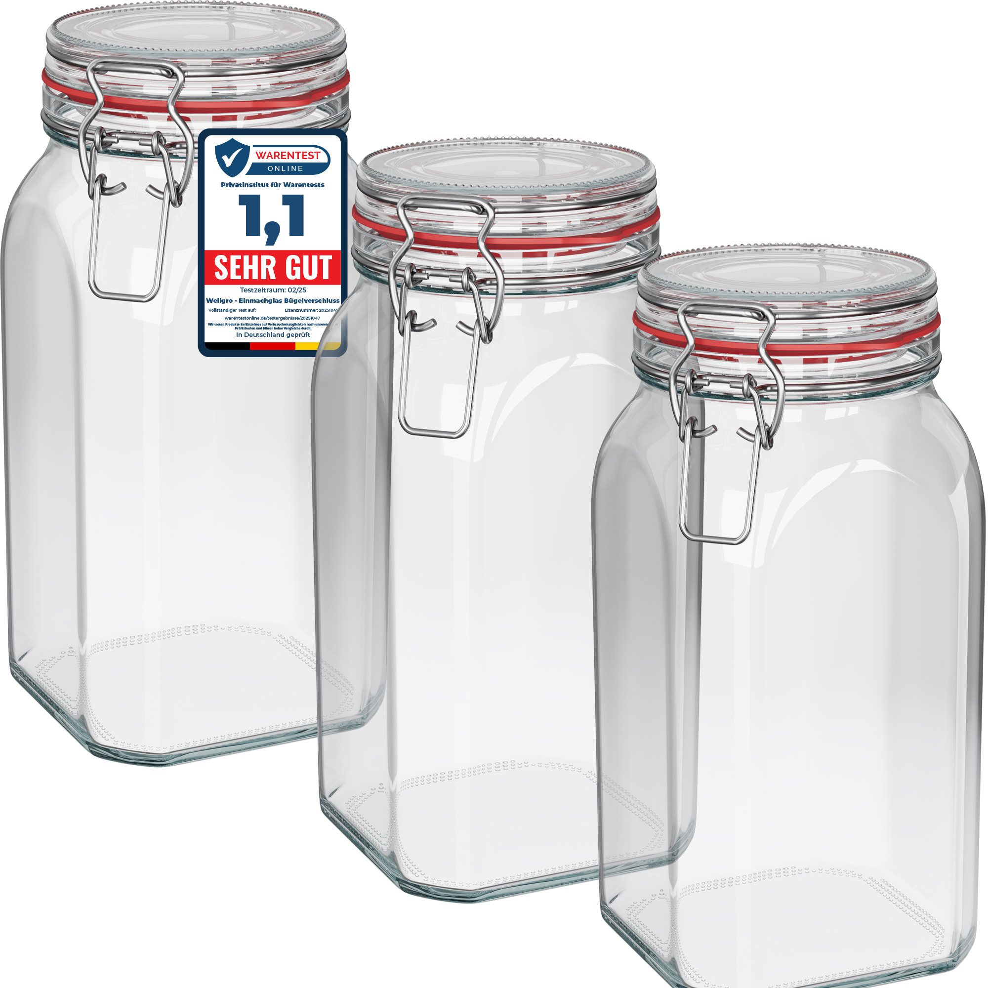Wellgro Vorratsglas Einmachgläser mit Bügelverschluss eckig, Fermentierglas, (3-tlg)