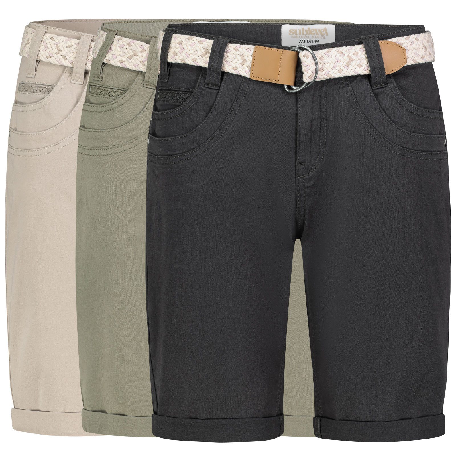SUBLEVEL Bermudas Damen Short Bermuda kurze Hose Sommer Chino Short Stoff Hose Gürtel – Bild 5 von 5