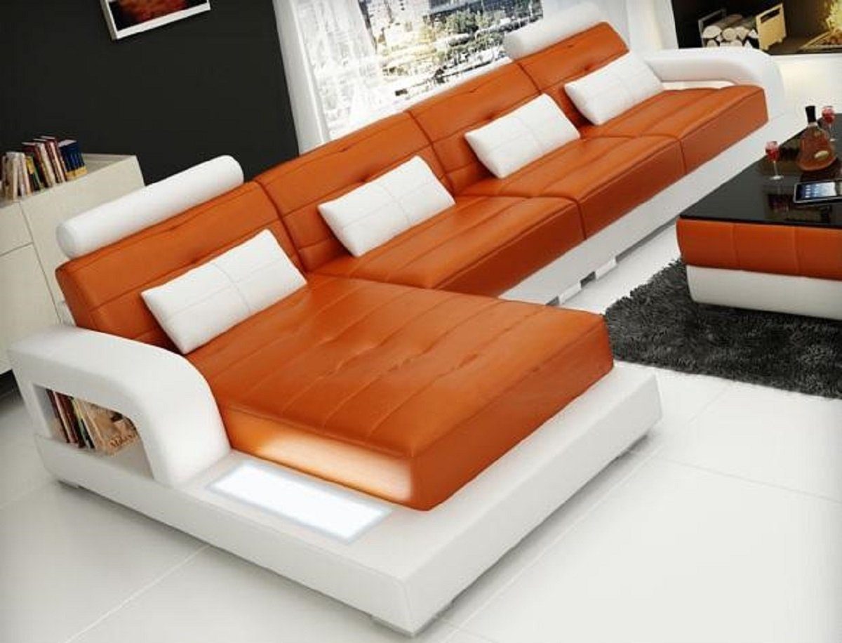 JVmoebel Ecksofa, Wohnlandschaft Ecksofa Sofa Couch Ledersofa Sitz Eck Garnitur Orange/Weiß