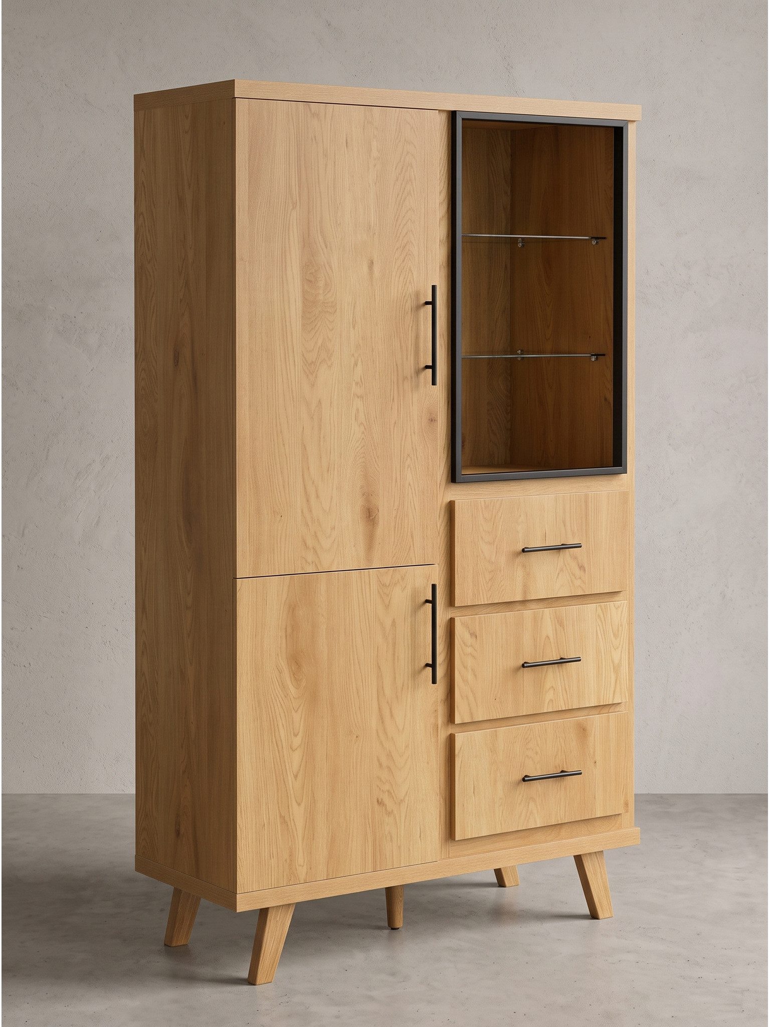 KADIMA DESIGN Mehrzweckschrank Highboard BASSANO - Eichenoptik, 100x40x188 cm, Stauraum (Hochschrank, Regalschrank, Wohnzimmerschrank, Standregal, Bücherregal) 3 Schubladen, 2 Türen, Stauraum, Anti-Rutsch-Noppen