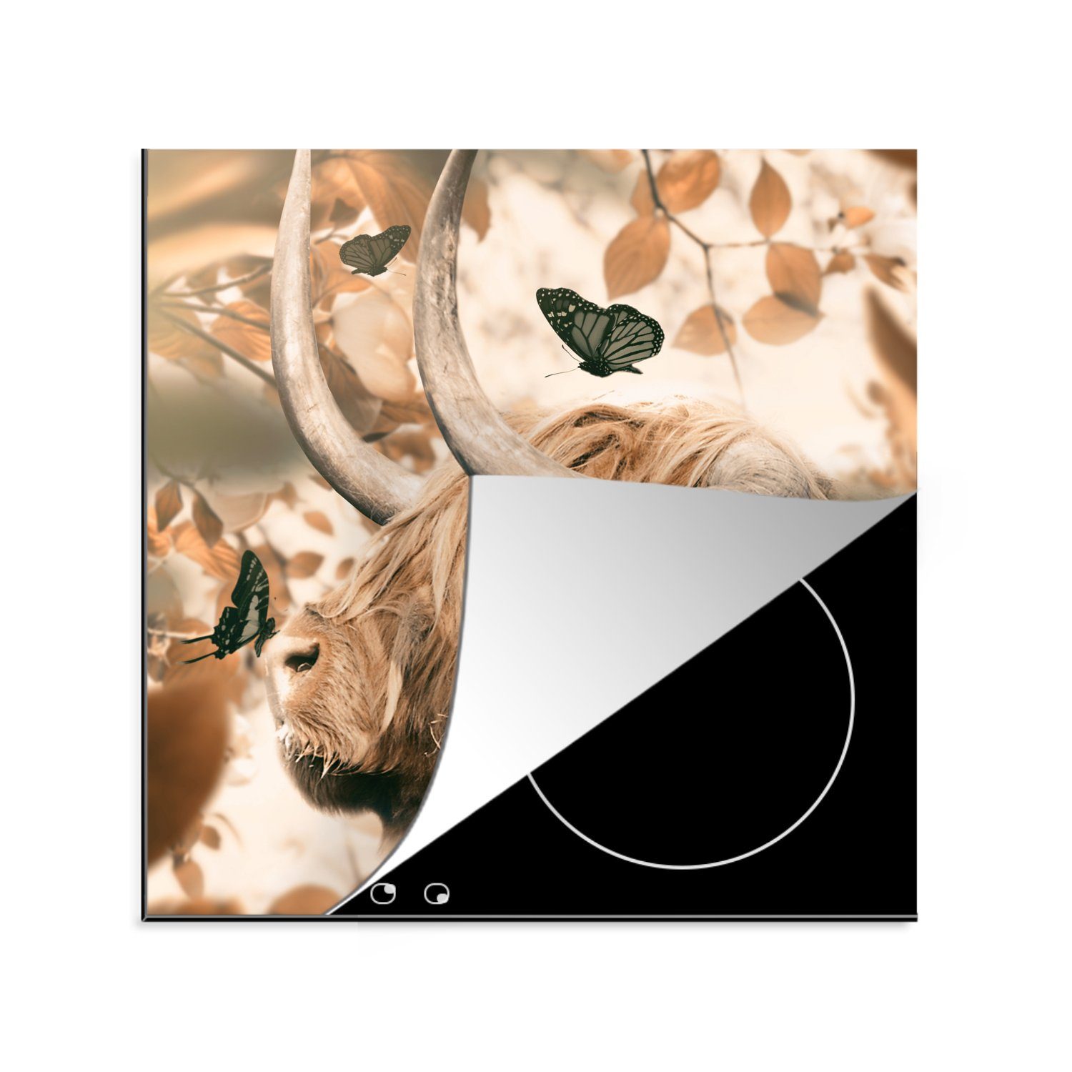MuchoWow Herdblende-/Abdeckplatte Schottischer Hochländer - Schmetterling - Blätter, Vinyl, (1 tlg), 78x78 cm, Ceranfeldabdeckung, Arbeitsplatte für küche