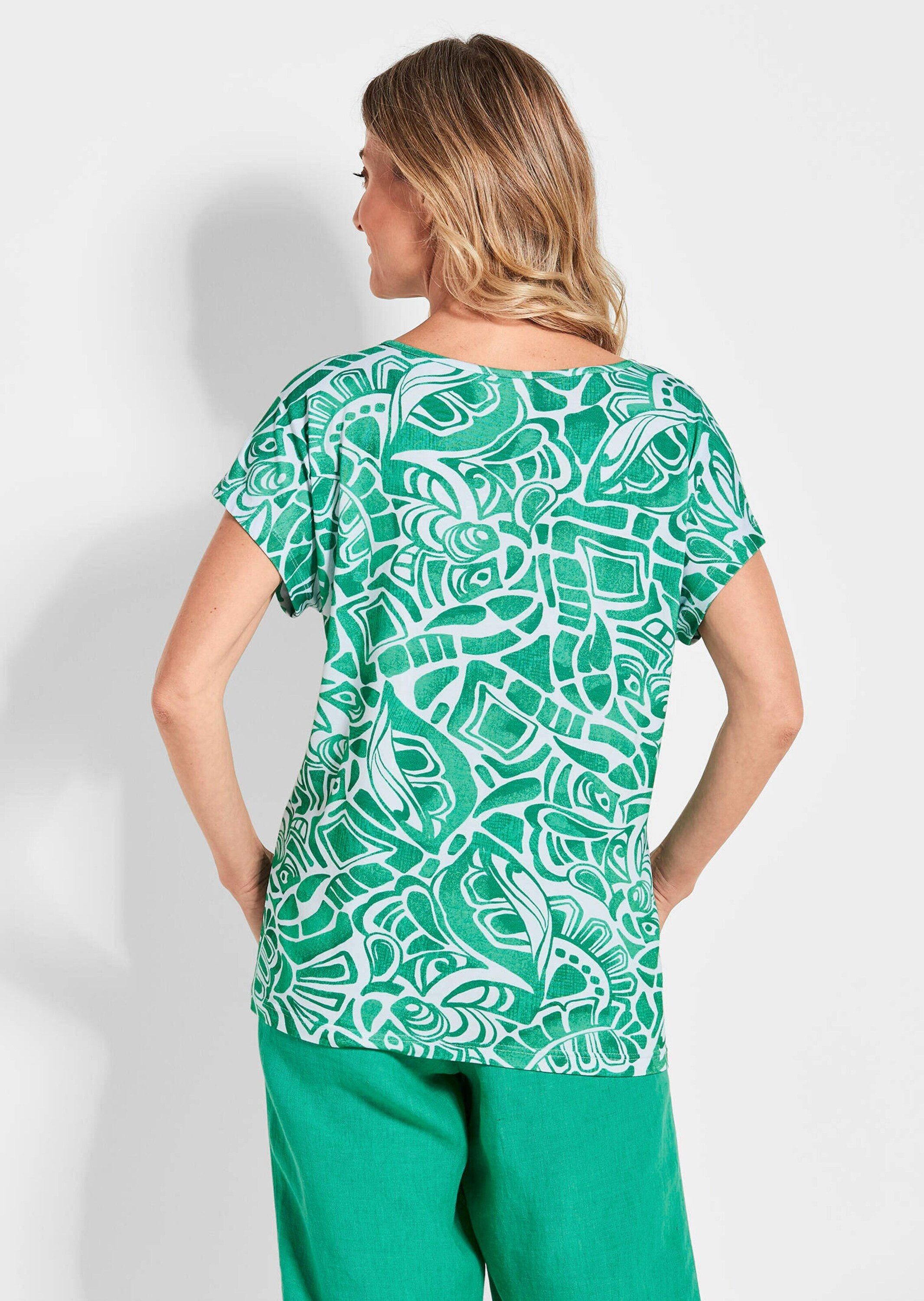 GOLDNER Print-Shirt Kurzgröße: Damen Oberteil Ethnoprint Kurzarm Halbarm Jerseyshirt mit Allover-Print, figurumspielend, weich