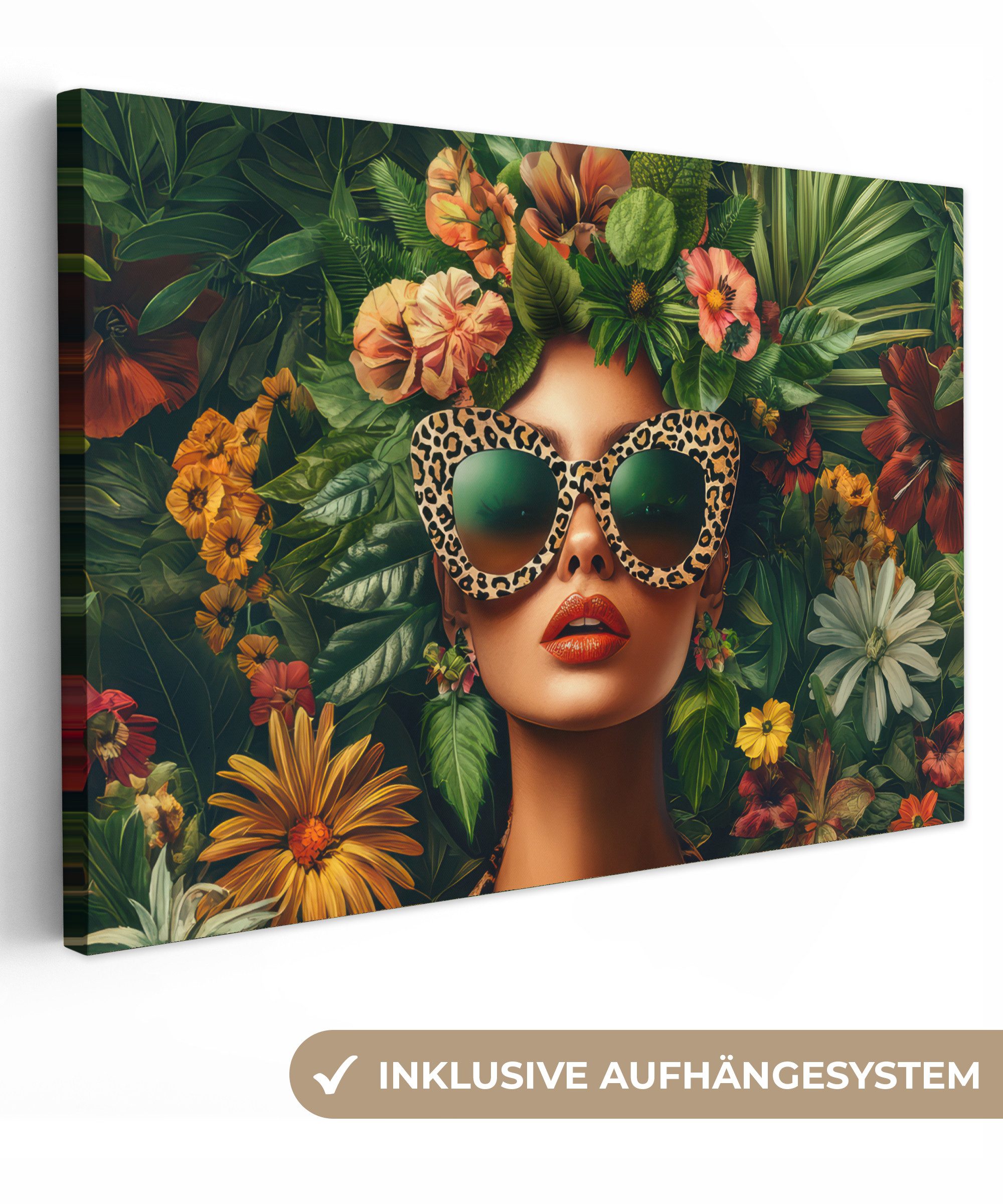 OneMillionCanvasses® Leinwandbild Frau - Pantherdruck - Dschungel - Natur - günstig online kaufen