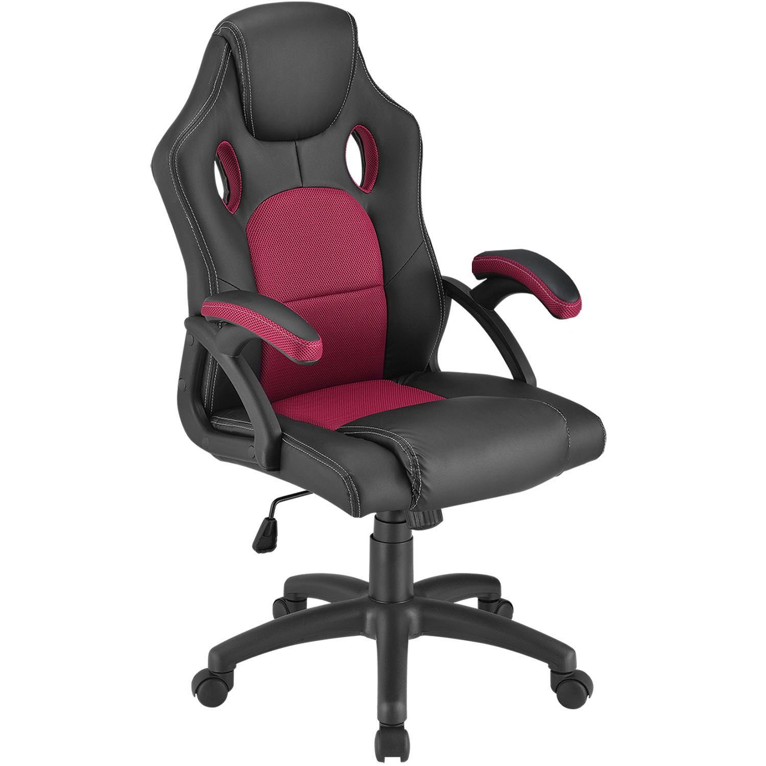 Juskys Gaming-Stuhl Montreal, Ergonomisch geformte Sitzfläche, Rückenlehne und Sitzfläche kippbar Schwarz, Bordeaux