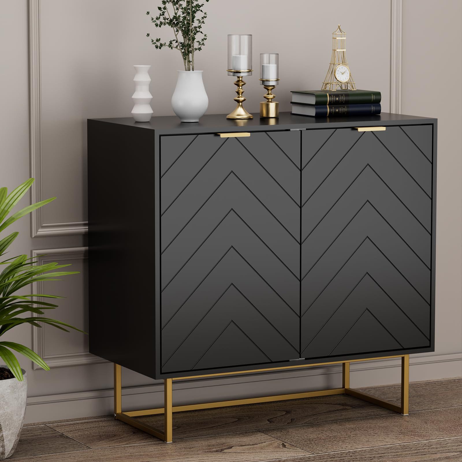 UEV Sideboard Kommode mit 2 Türen & Verstellbaren Ablagen & Metallfüße 80x40x77,5cm (mit Kippschutz), Küchenschrank Mehrzweckschrank für Flur Wohnzimmer Schlafz – Bild 2 von 5