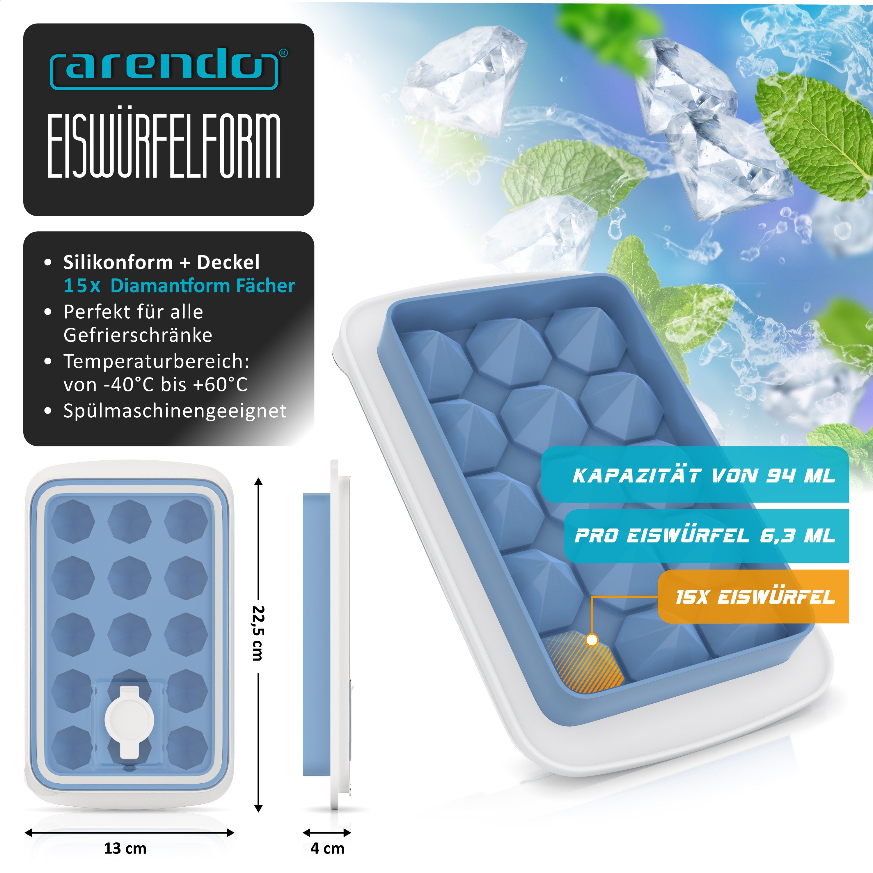 Arendo Eiswürfelform Silikon 94ml, 15 Eiswürfel, spülmaschinengeeignet, stapelbar, (1-tlg), diamantförmig, Deckel, Einfüllöffnung, leichtes Herauslösen, BPA-frei