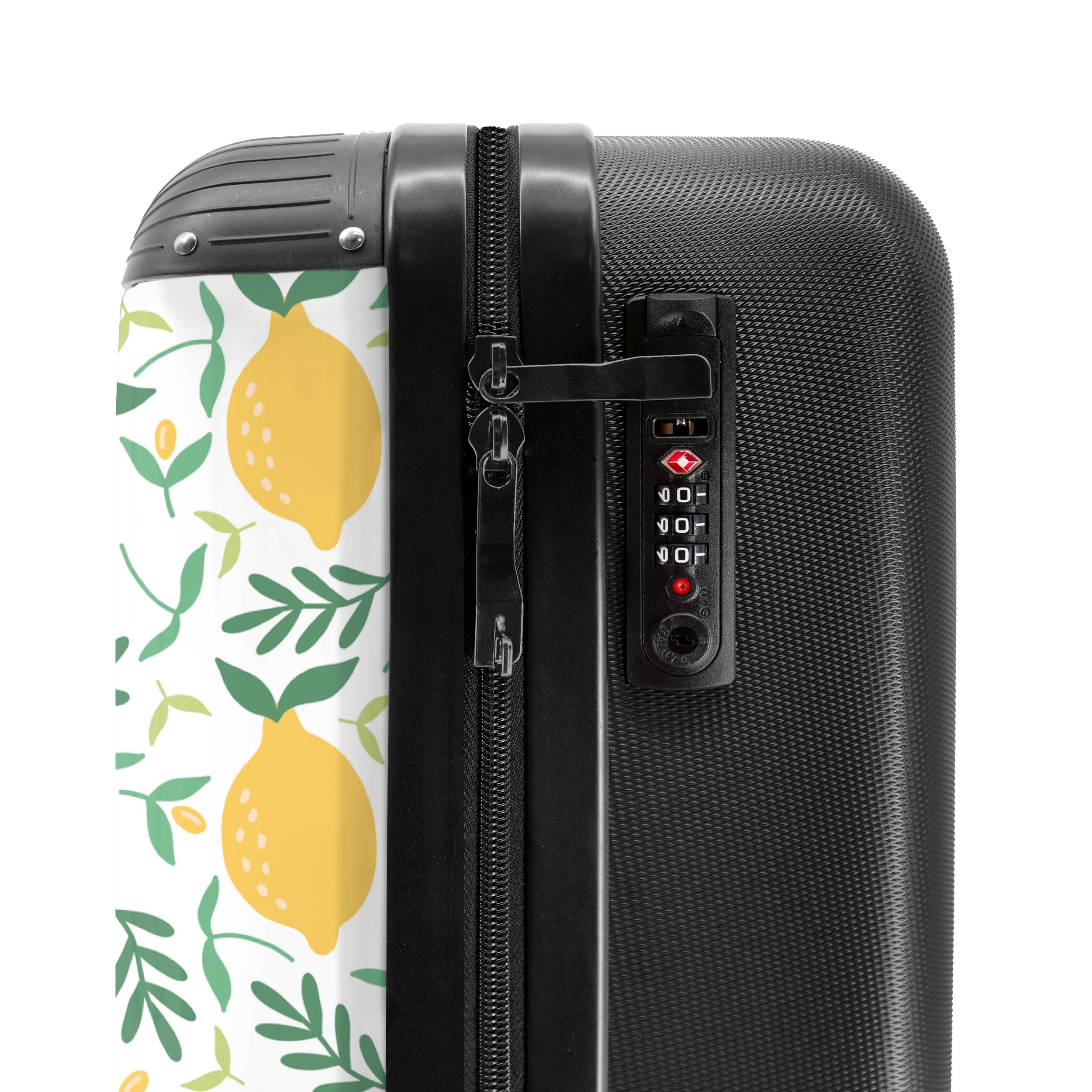 NoBoringSuitcases.com© Hartschalen-Trolley Zitronen und Zweige als Muster auf weißem Hintergrund 55x35x20cm, 4 Rollen, Reisetasche mit Rollen, Koffer Handgepäck Flugzeug