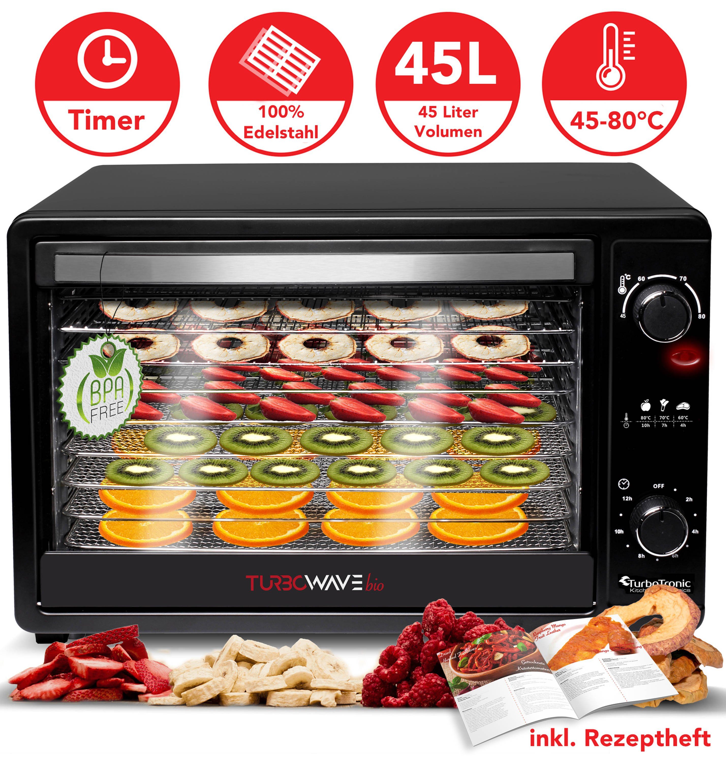 TurboTronic by Z-Line Dörrautomat TurboWave BIO Komplett aus Metall KEIN PLASTIK! gesund Dörrer 45-80°C 650 W, 9 Etagen, Dehydrator 45L Obsttrockner Trockenfleisch Dörrgerät inkl Rezeptheft