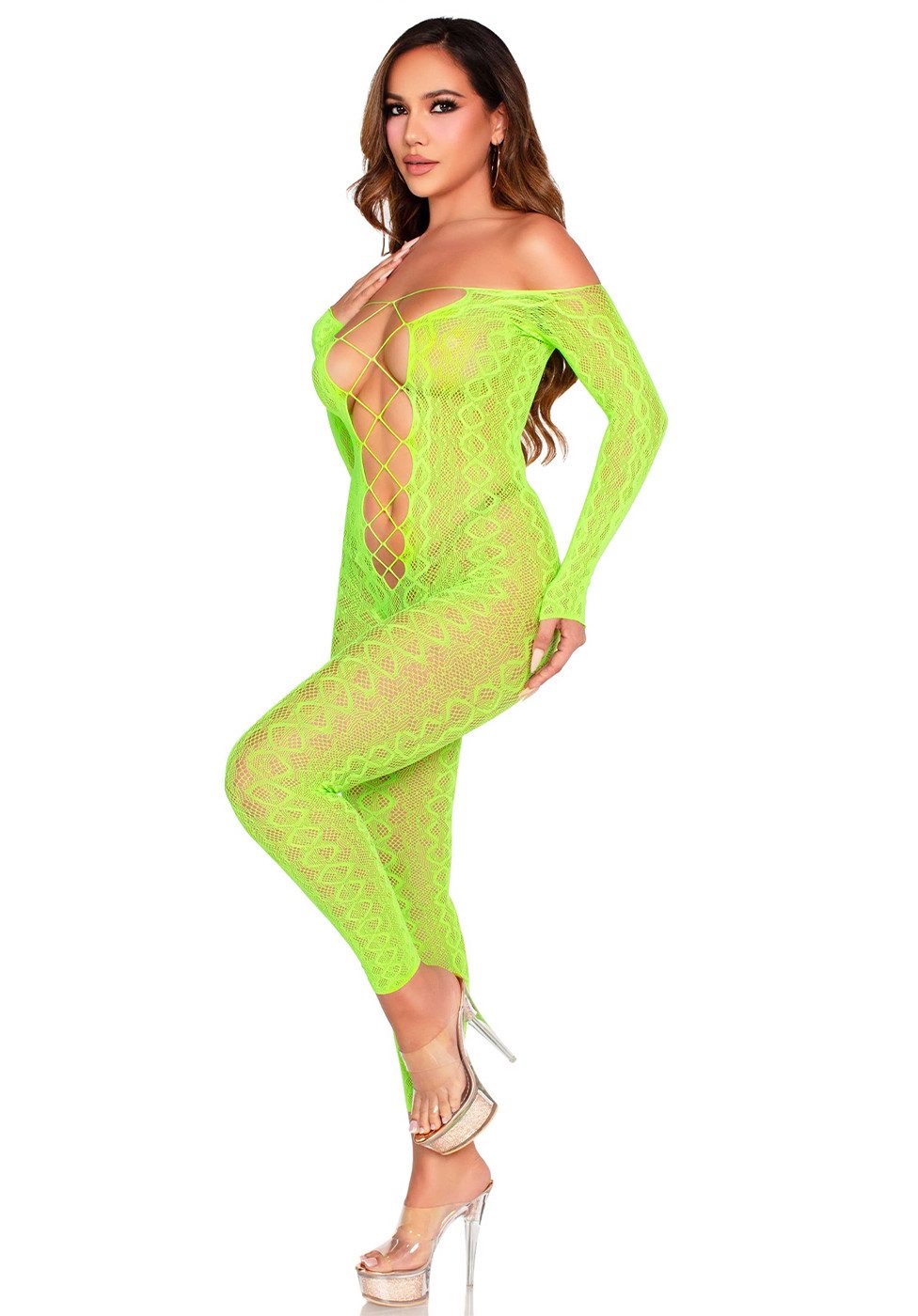 Leg Avenue Bodystocking Schulterfreier Bodystocking mit tiefem Ausschnitt - neongrün (1 St) auffälliges Schlangendesign