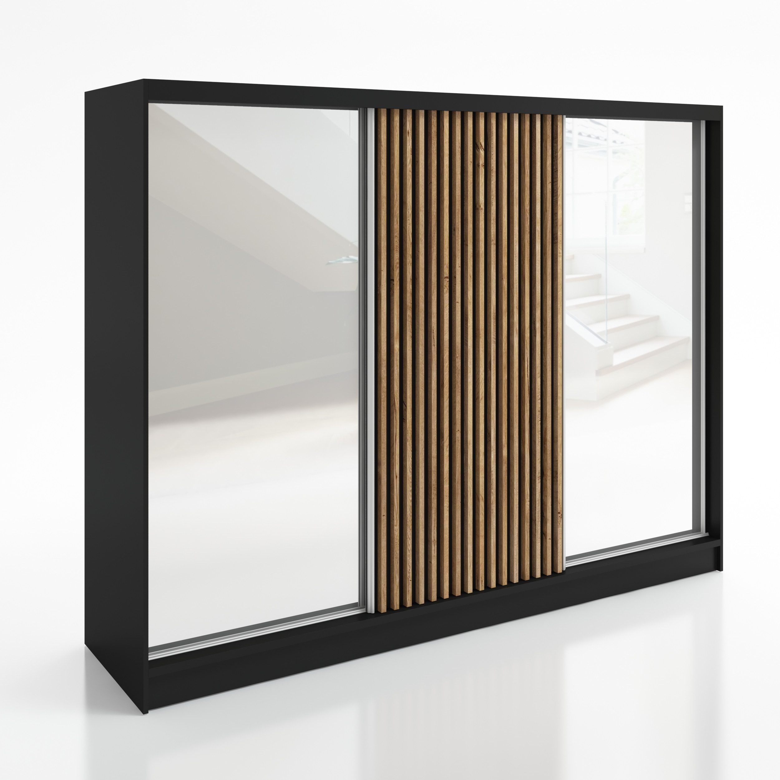 A&J MöbelLand GmbH Schiebetürenschrank DIVER 200 cm mit 3D-Lamellen und Spiegelfront (TOP ANGEBOT! Geräumiger Schrank mit einer Breite von 200 cm ideal zur Aufbewahrung von Kleidung und Accessoires. Wählen Sie das ideale Modell für Ihr Schlafzimmer!, TOP