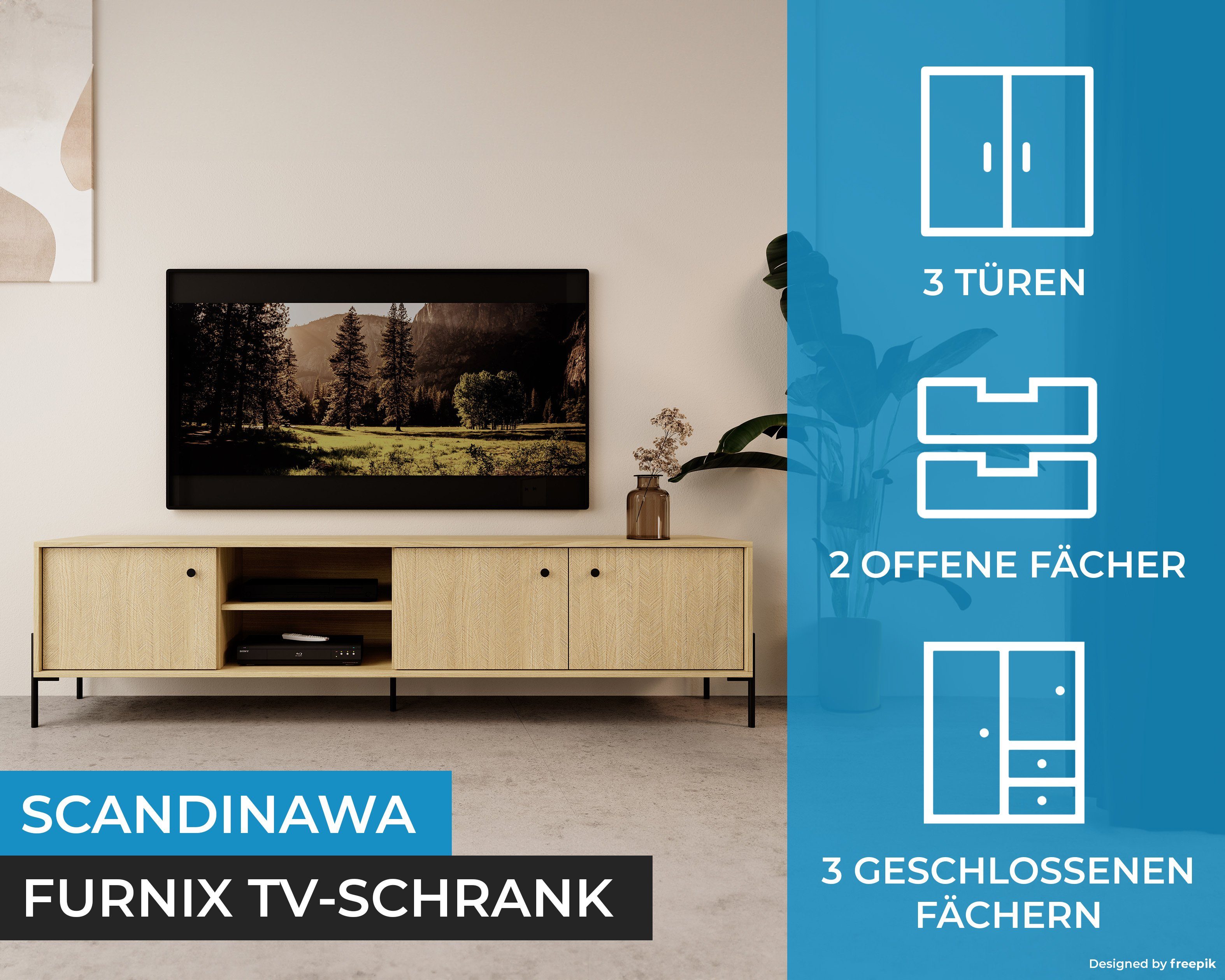 hochwertig, / 207 Fernsehschrank H53,4 B206,6 EU Fischgräten in SCANDINAWA cm, TV-Schrank Scandi Furnix Eiche T39,5 made Metallfüße x x