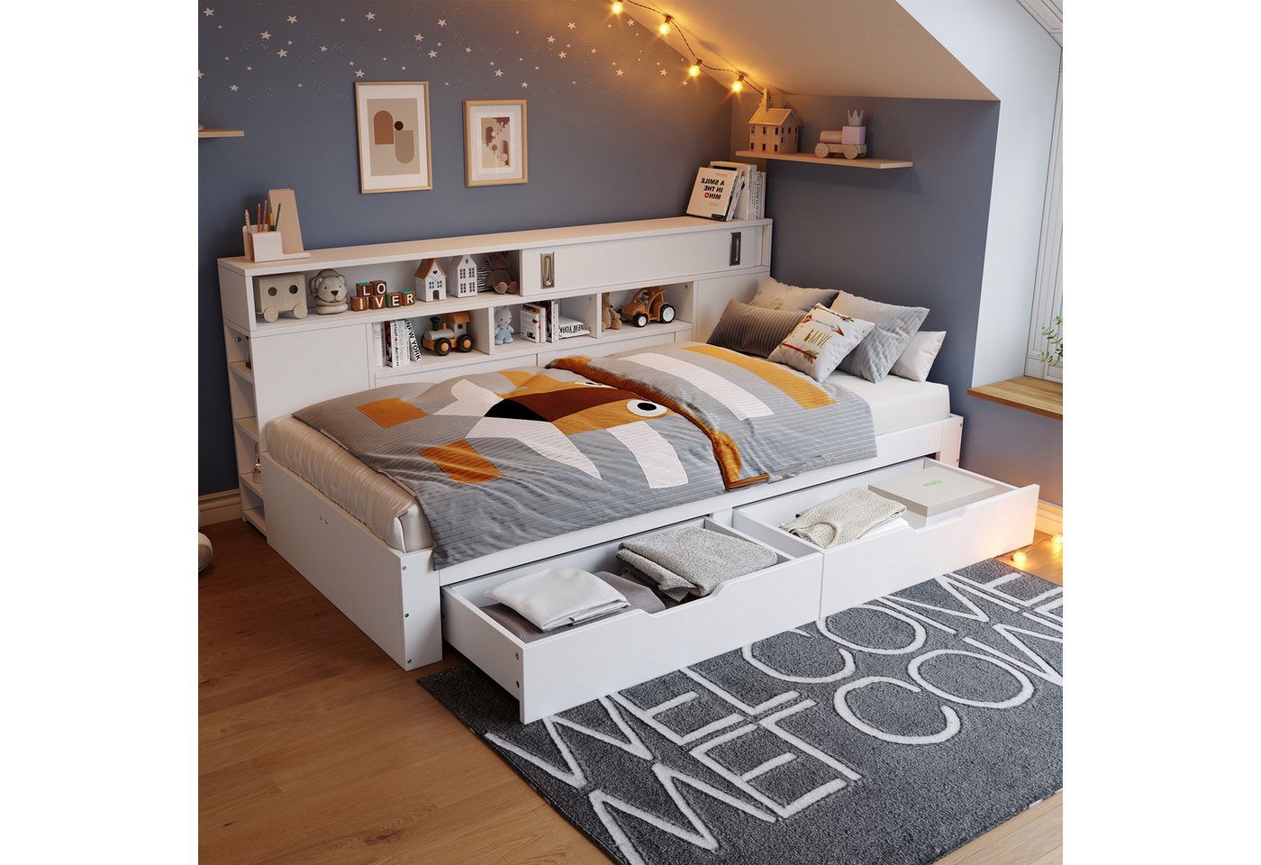 Odikalo Daybett Schlafsofa Stauraumbett Holzbett Schubladen Regale 90/140x200cm Weiß