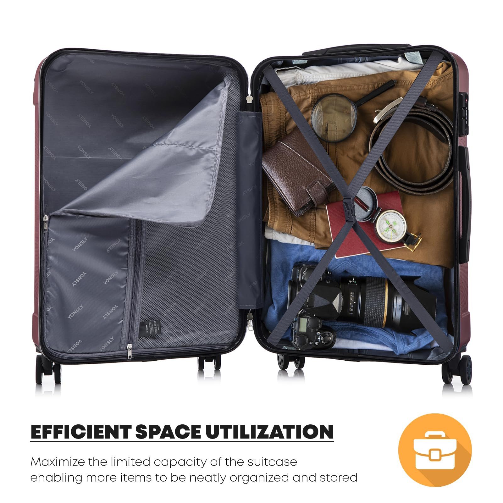 YONSLY Hartschalen-Trolley Premium Hartschalen-Reisekoffer Trolley Kabinenkoffer, 4 Rollen, TSA-Schloss, YKK-Reißverschluss, austauschbare Rollen & Griffe