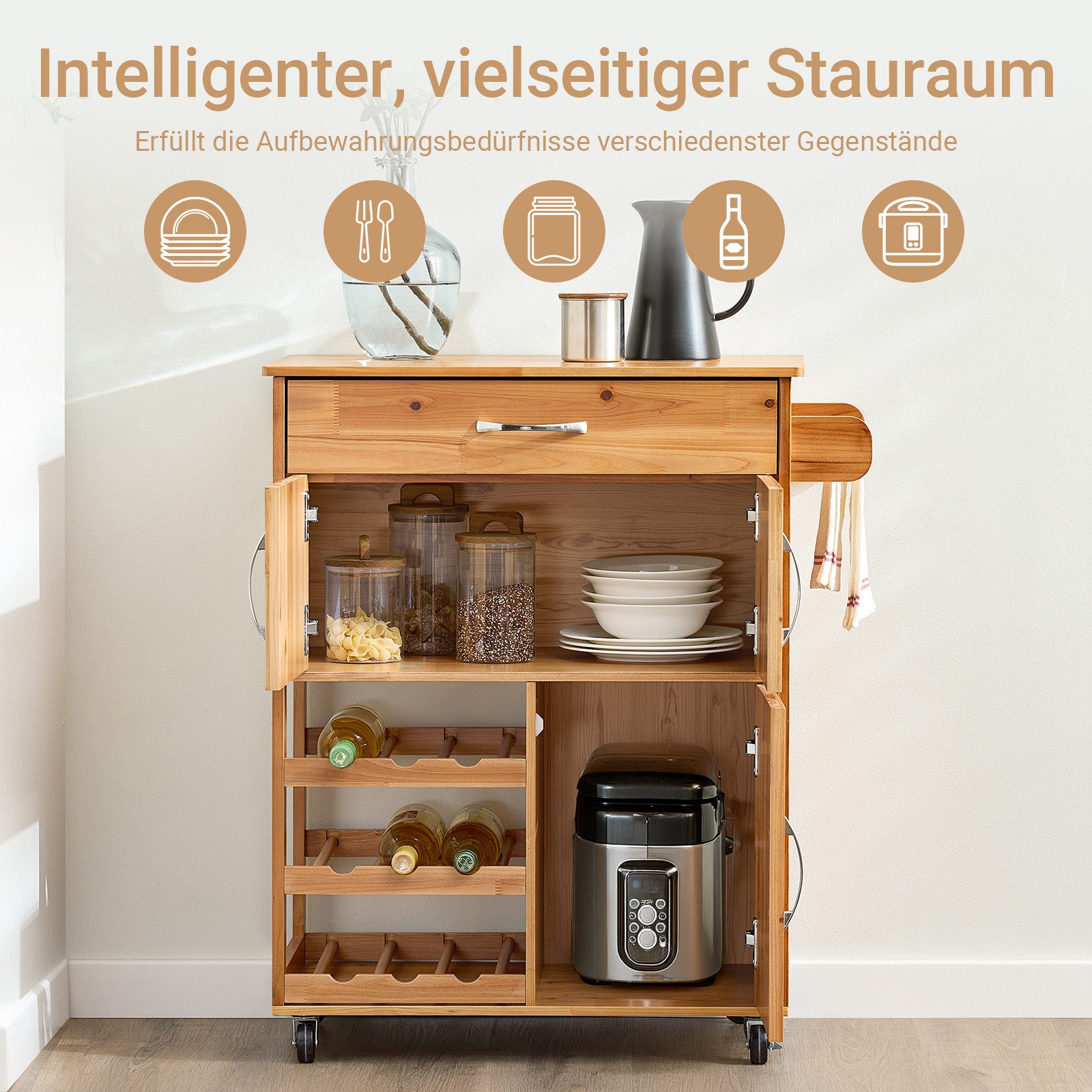 SoBuy Küchenwagen FKW45, Servierwagen mit Rollen, Rollwagen Kücheninsel, mit Flaschenablagen, Weinschrank, 100% Massivholz, Küche Esszimmer