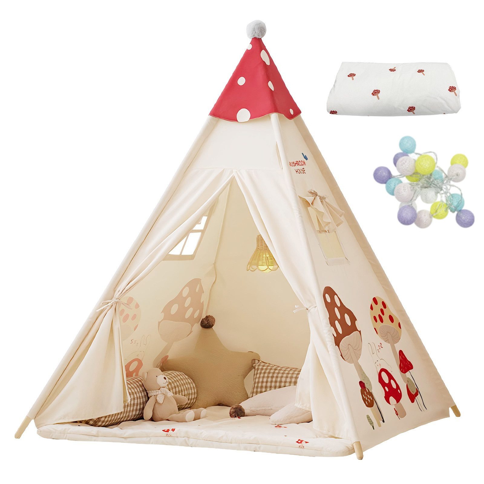 SEHAUSEU Spielzelt Tipi-Zelt Kinderzelt Spielhaus mit Bodenmatte und Lichterkette