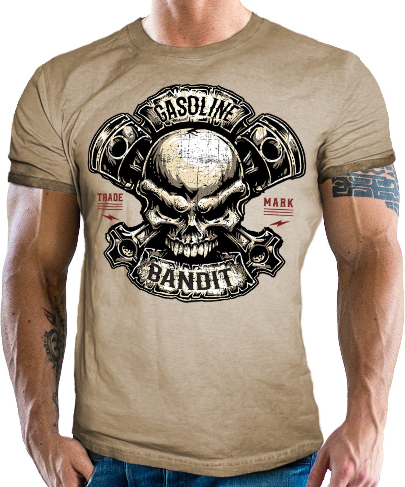 GASOLINE BANDIT® T-Shirt in washed sand look für Biker Racer Fans: Piston Skull