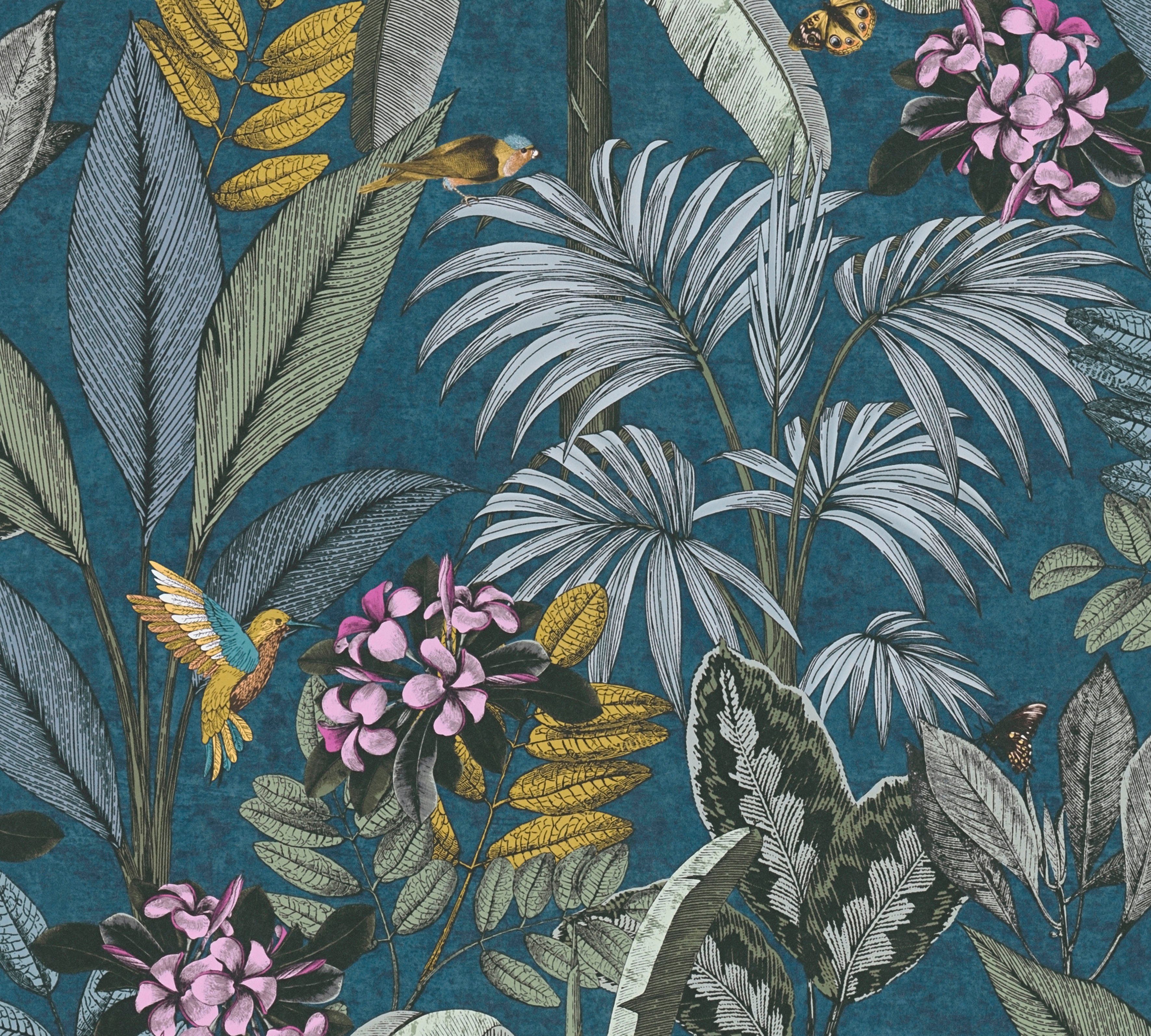 PintWalls blau/grün/gelb matt, St), Vliestapete Création (1 Blätter glatt, A.S. Dschungeltapete Floral, Bunt