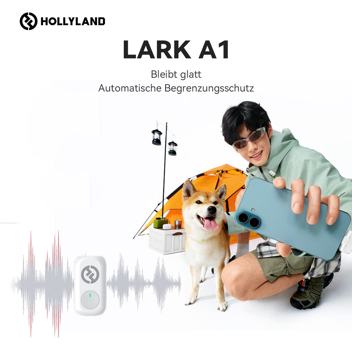 Hollyland Mikrofon LARK A1 kabelloses Mikrofon-System, 48 kHz/24-Bit Audioqualität, 200 m (650 ft) LOS-Reichweite, App-Steuerung