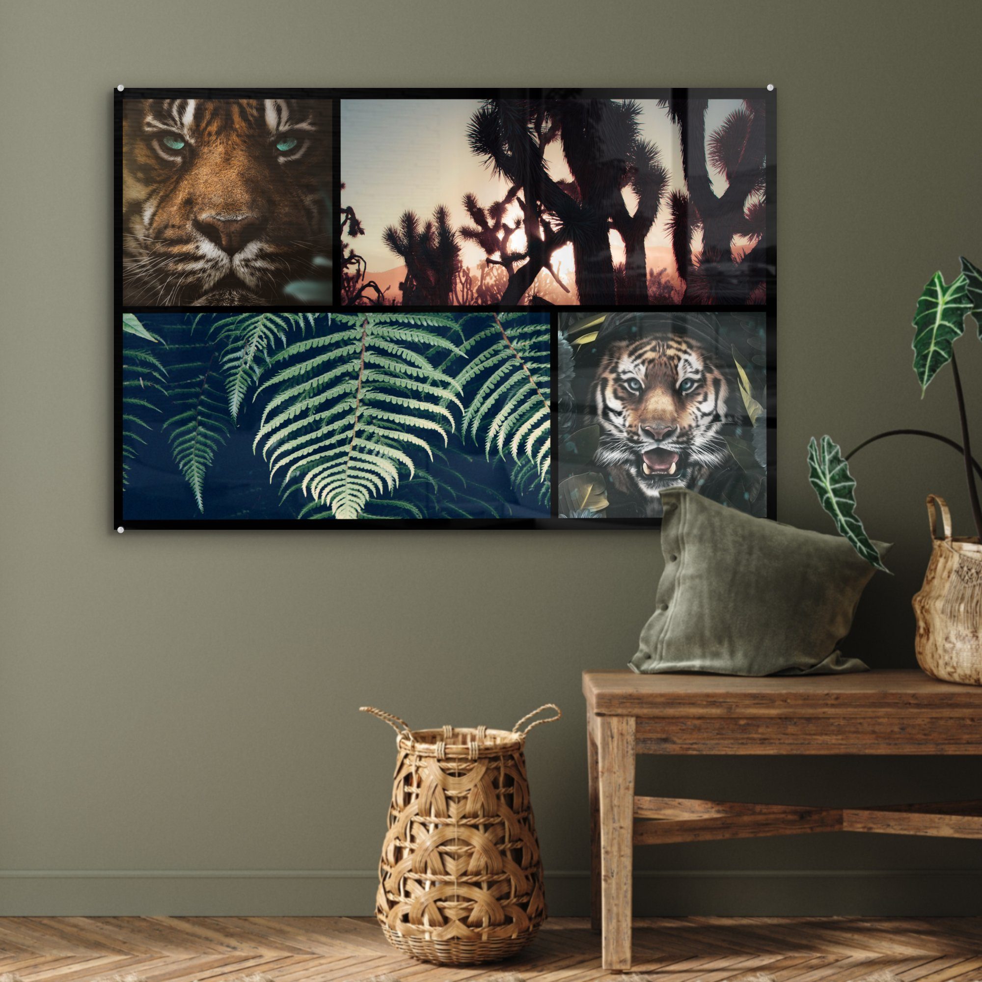 Wohnzimmer Tiger Acrylglasbilder - Acrylglasbild Sonnenuntergang, - Collage & - Schlafzimmer MuchoWow Pflanzen St), (1