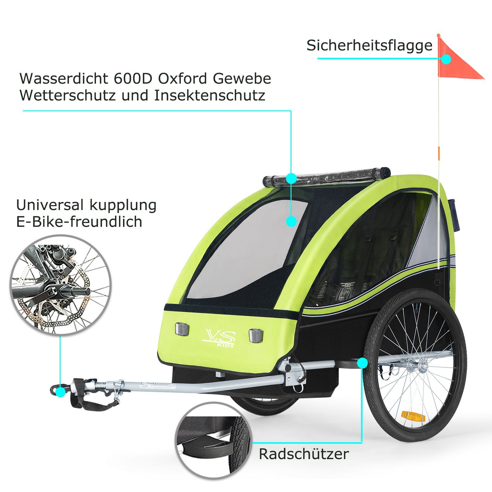 TIGGO Fahrradkinderanhänger TIGGO VS Kinderfahrradanhänger 2 in 1 Kinderanhänger Fahrradanhänger, für 1-2 Kinder geeignet