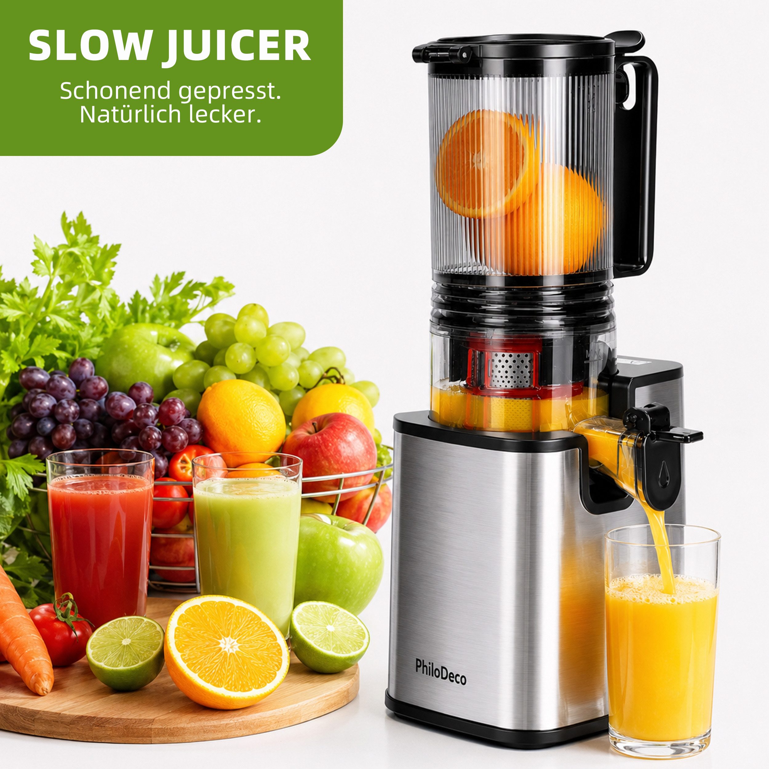 Sinaopus Slow Juicer Für ganze Früchte mit 110-mm-Einfüllöffnung und Doppelfilter, 250 W, Schonende Kaltpressung, saubere Ausgabe und einfache Reinigung – Bild 4 von 5