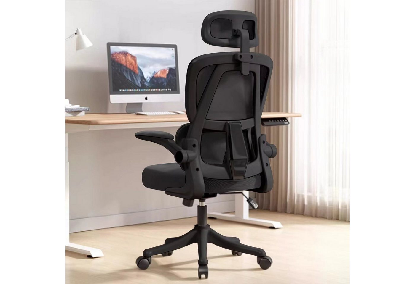 HDHNBA Schreibtischstuhl ergonomisch mit verstellbarer Kopfstütze & klappbaren Armlehnen (1 St), Bürostuhl mit hoher Rückenlehne, Drehstuhl für Home-Office