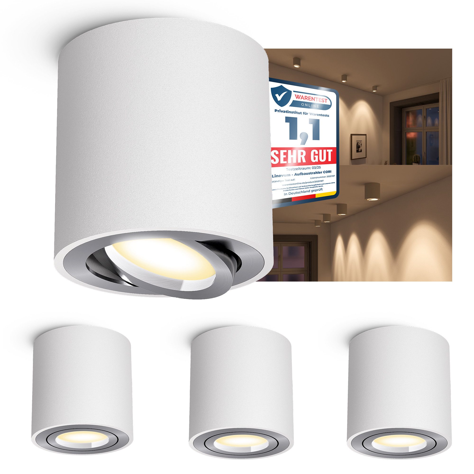 linovum LED Aufbaustrahler Aufputzleuchte dimmbar weiss silber schwenkbar LED GU10 drei Lichtmodi, Neutralweiß, Warmweiß, Tageslichtweiß
