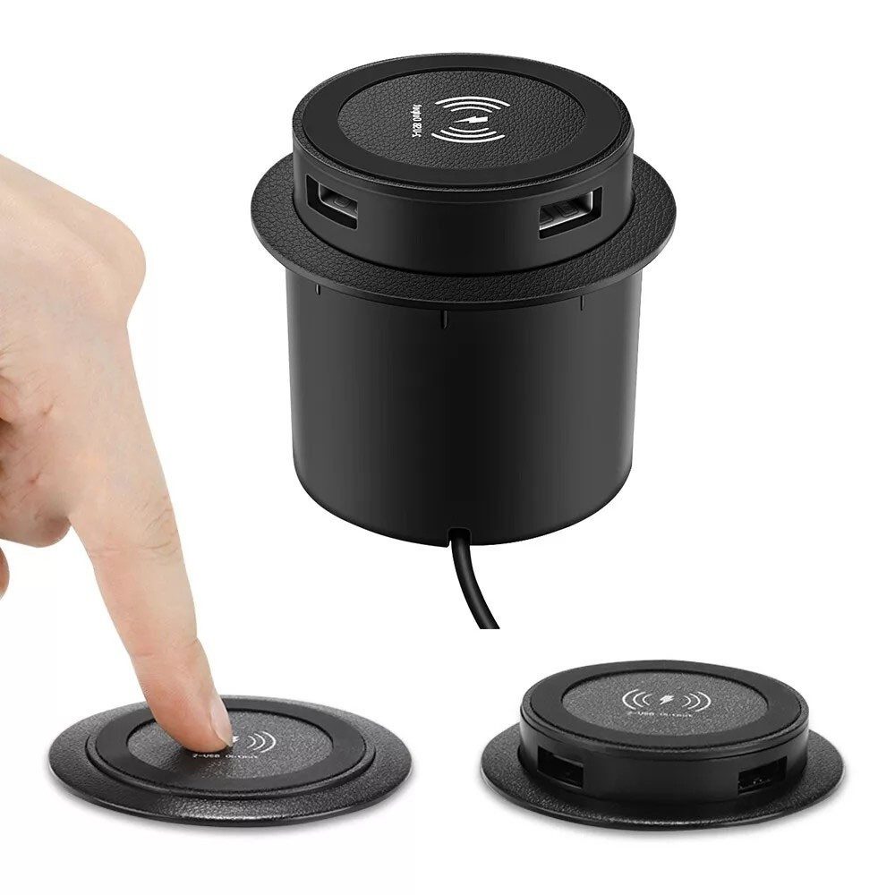 PRIISF Versenkbare Einbausteckdose Mehrfachsteckdose 3in1 Kabellose Ladegerät Einbau-Tischsteckdose 2-fach (USB-Anschluss, USB-Anschlüsse, Überspannung, Überhitzung, Überstrom, Kurzschluss, Kabellänge 1,4 m), USB Büro Unterbau Induktive Ladestation Einbau-Tischsteckdosenleiste