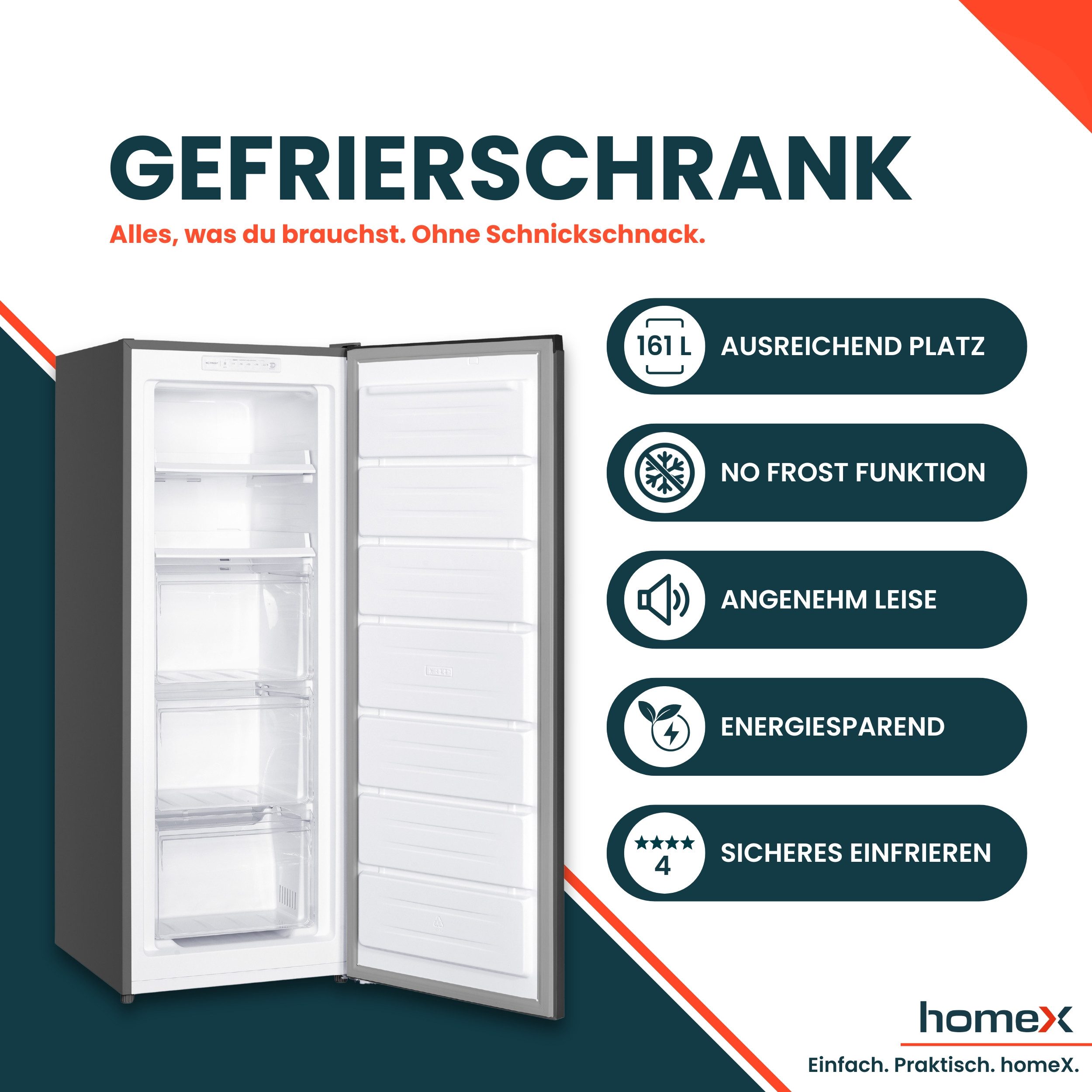 homeX Gefrierschrank FSN1611E-S, 143 cm hoch, 54 cm breit, No Frost, 161 Liter, Tiefkühlschrank groß, Freezer, 4-Sterne Gefrieren