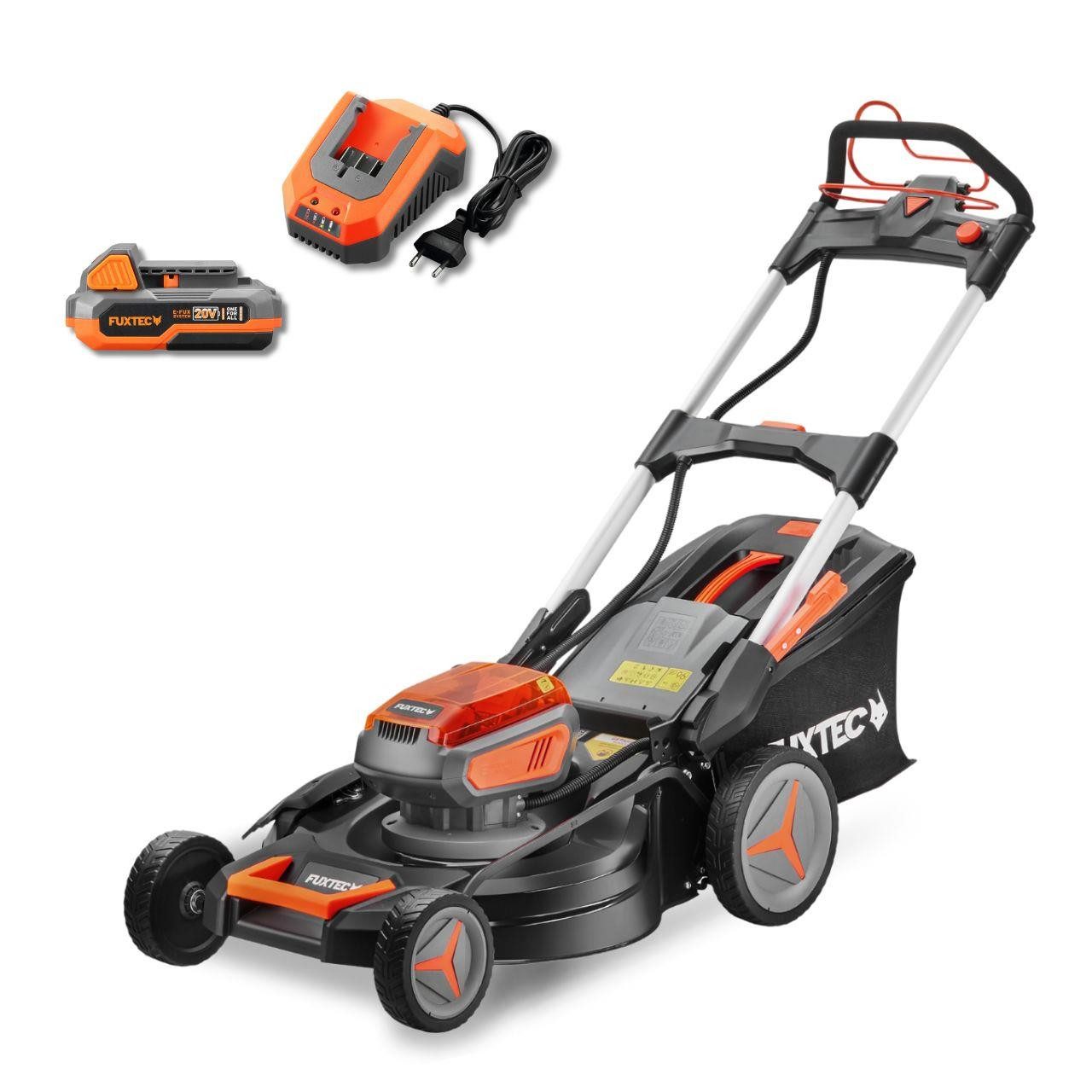 FUXTEC Akkurasenmäher FX-E2RM51SET, 51 cm Schnittbreite, 51 cm Schnittbreite, 50L Fangkorb, 2x 20V Akku, 30mm-90mm, Frontbumper