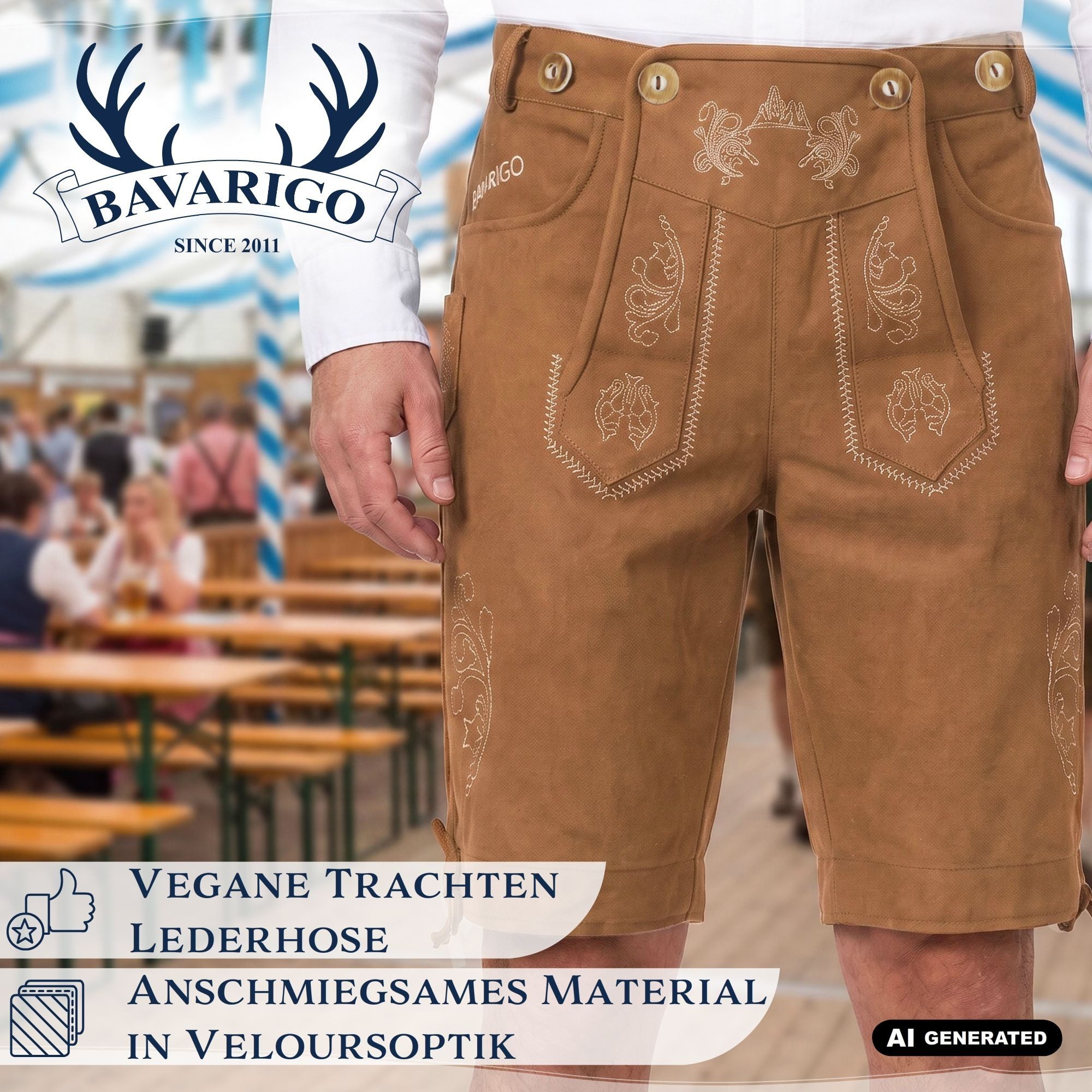 Bavarigo Trachtenhose ADRIAN Vegane Stretch Lederhose mit abnehmbaren Trägern mit traditioneller Stickerei - für Dein Oktoberfest Outfit – Bild 4 von 5