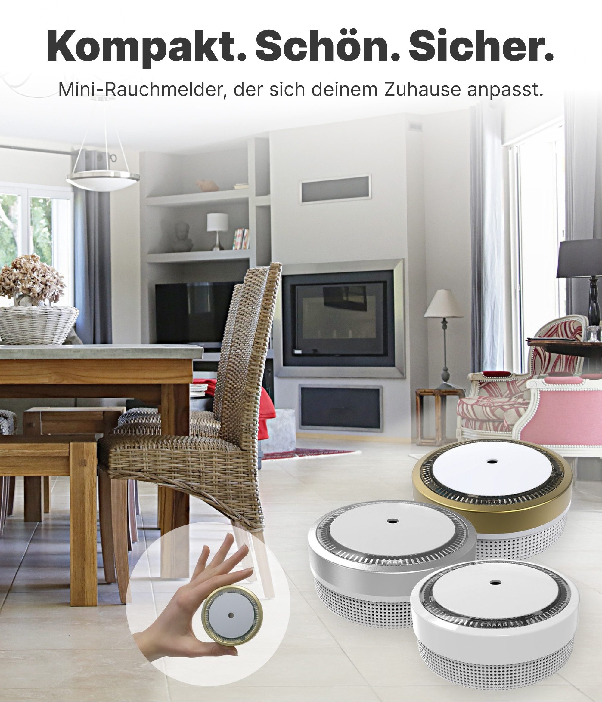 NEMAXX M1-Mini Rauchwarnmelder/Rauchmelder Ø71,6mm, Rauchmelder (Photoelektrisch, LED-Status, Prüftaste, Batteriewarnung pausierbar)