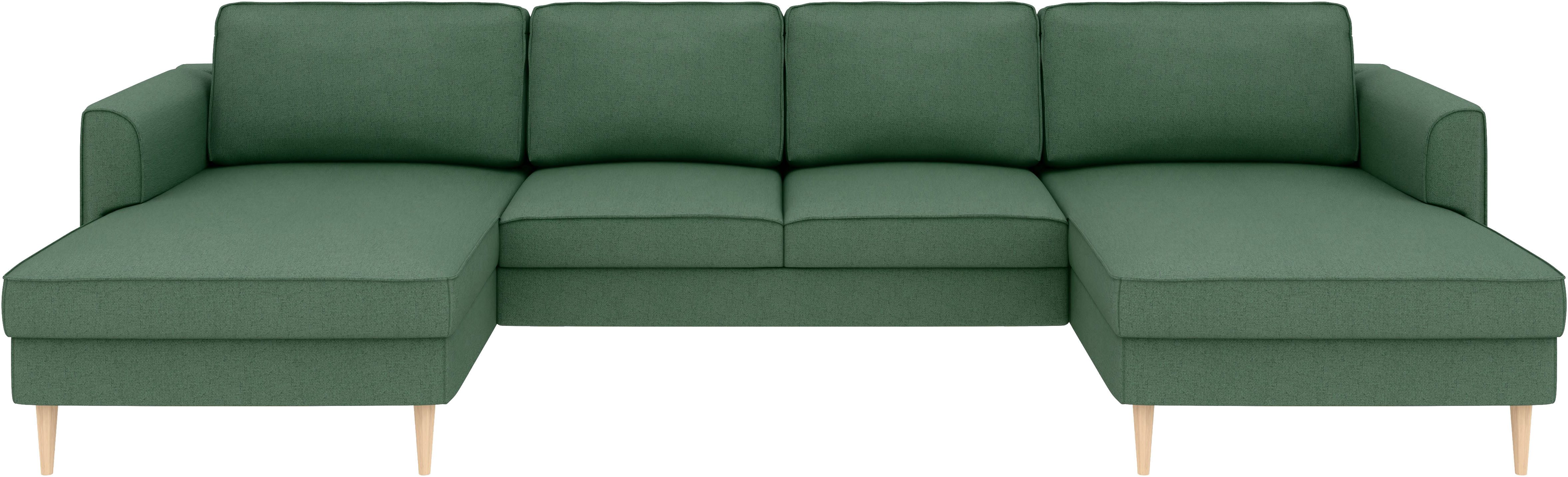Home affaire Wohnlandschaft Booster, whlw. mit Schlaffunktion & Bettkasten, Fuß Buche lackiert, Sofa in U-Form, Breite 305 cm, in Cord oder Struktur