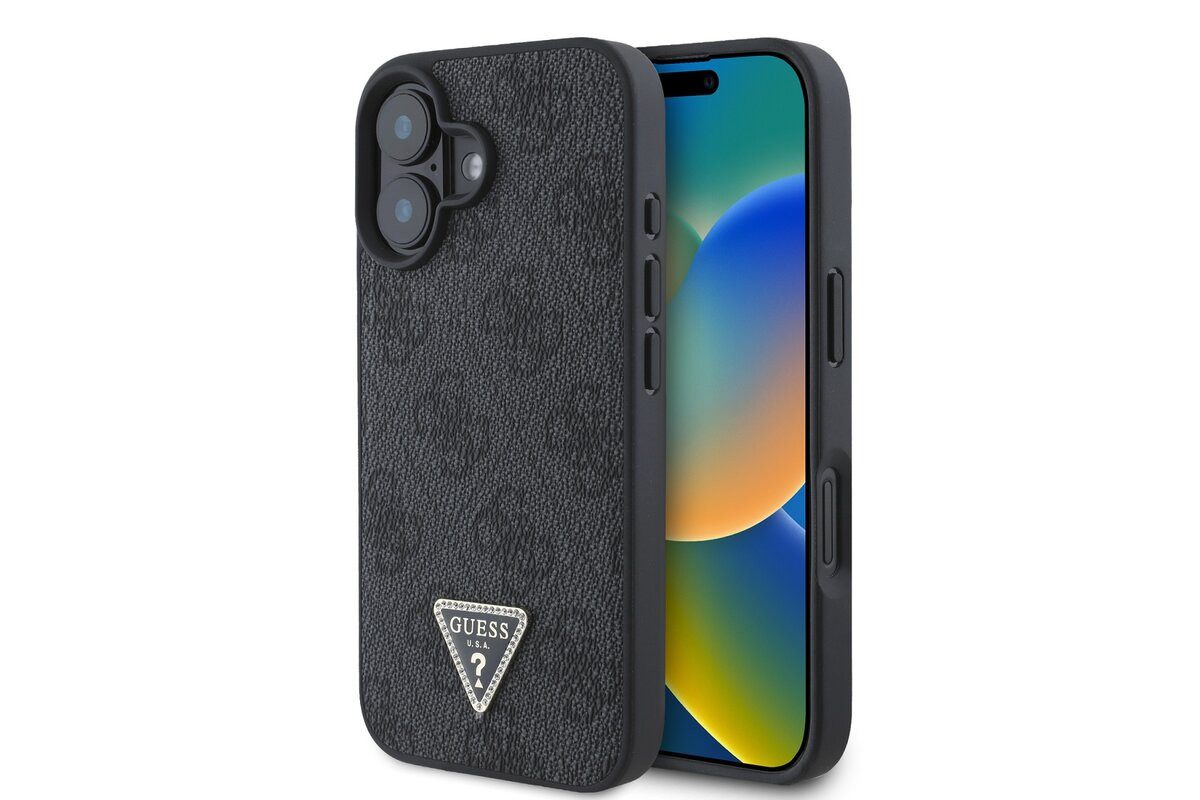 Guess Handyhülle GUESS Case iPhone 16 Strass Triangle Logo Hülle Cover schwarz