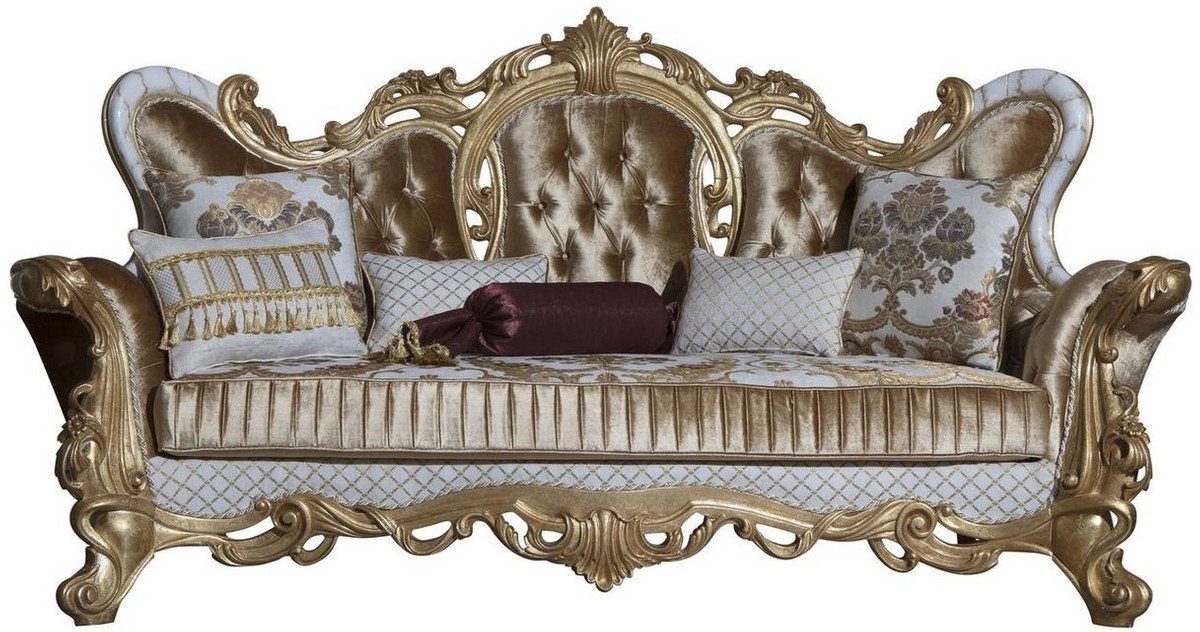 Casa Padrino Sofa Luxus Barock Sofa Gold / Weiß / Gold 248 x 108 x H. 122 cm - Wohnzimmer Sofa mit elegantem Muster und dekorativen Kissen - Prunkvolle Barock Möbel