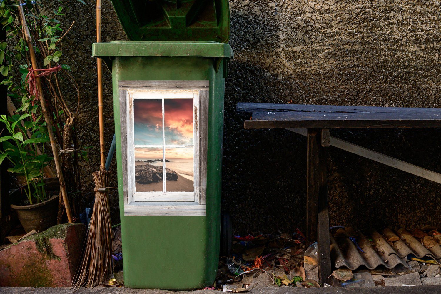 Wandsticker Mülltonne, Strand Durchblick (1 Holz - MuchoWow Container, - Sticker, Abfalbehälter St), Mülleimer-aufkleber,