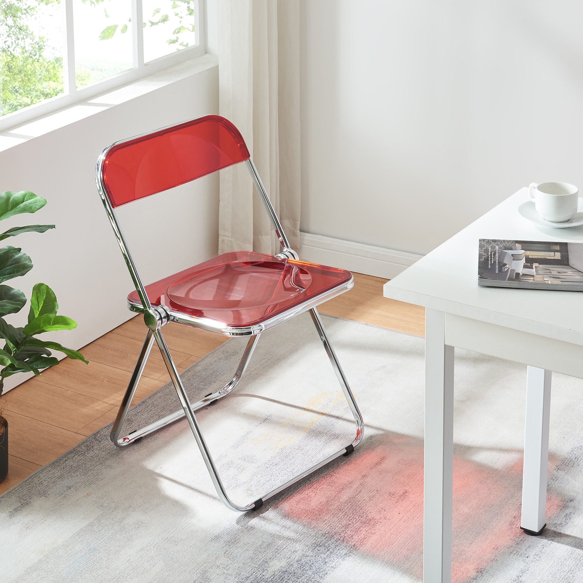en.casa Klappstuhl (2 St), »Pornainen« Besucherstuhl Stahlgestell Rot, transparent