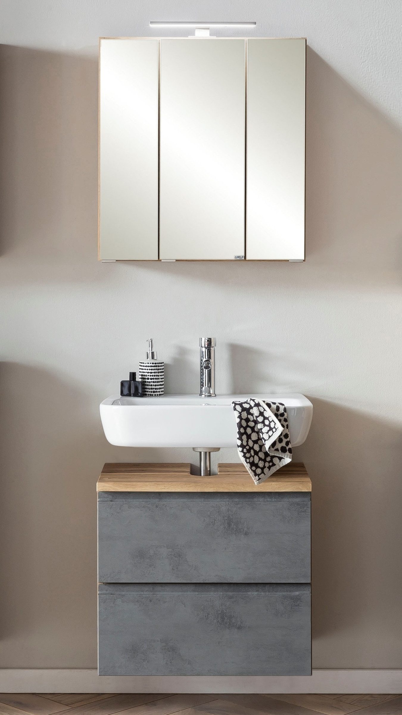 HELD MÖBEL Badmöbel-Set (2-tlg) in Betongrau / Wotaneiche - 60x195x35cm (BxHxT), (2-tlg)