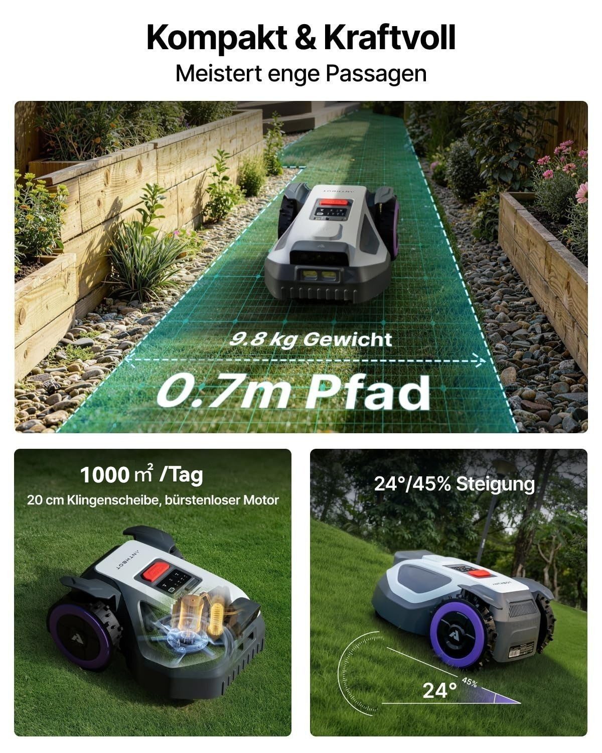 ANTHBOT Rasenmähroboter M9 Serie Ohne Begrenzungskabel mit RTK-Navigation & HDR-Dual-Vision, bis 1200 m² Rasenfläche, (Max. 1200 m², mit 4G-Modul, Schnitthöhe per App), Steigungen bis zu 45%, aktiver Tierschutz & KI-Hindernisvermeidung