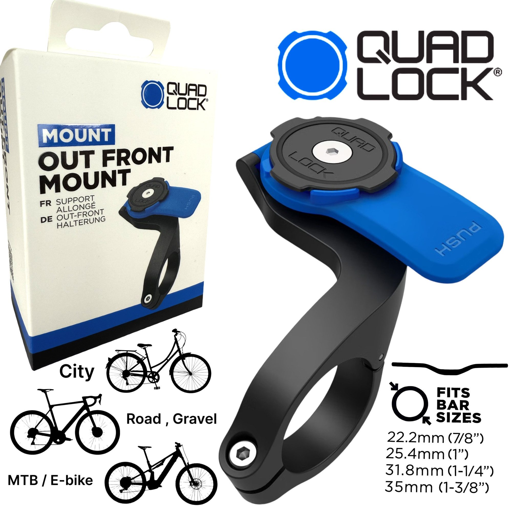 Quad Lock Handy-Halterung QUAD LOCK Fronthalterung Fahrrad Lenker Handy Halter 22 25,4 31,8 35