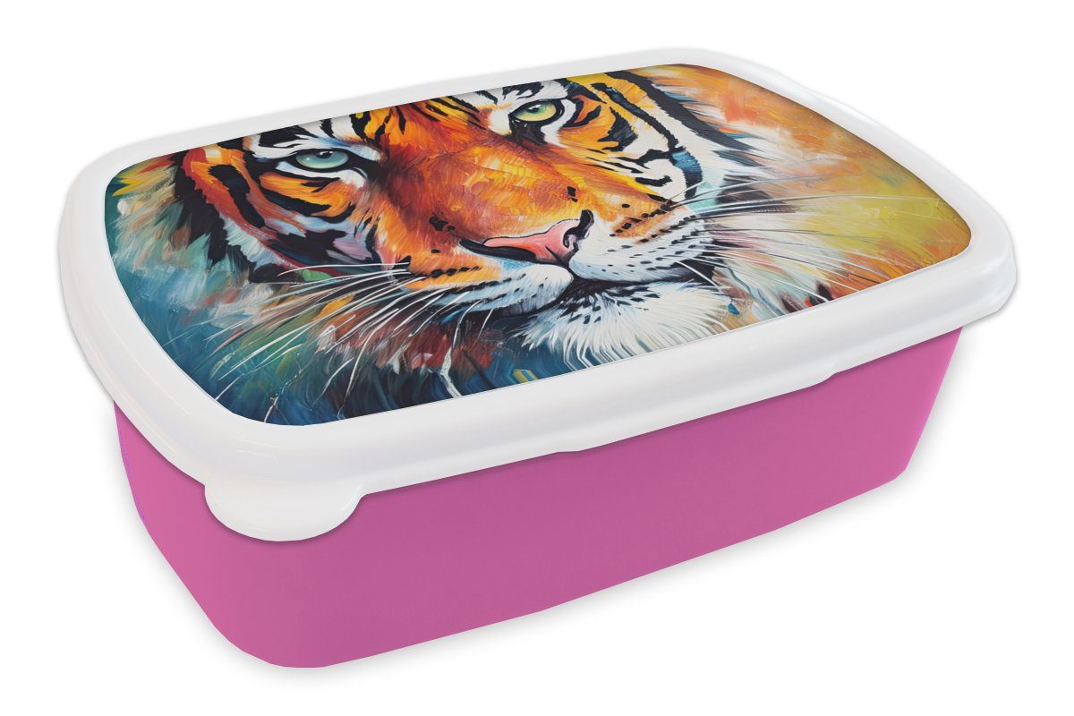 MuchoWow Lunchbox Tiger - Tiere - Ölgemälde - Kunst, Kunststoff, (2-tlg), Brotbox für Erwachsene, Brotdose Kinder, Snackbox, Mädchen, Kunststoff rosa