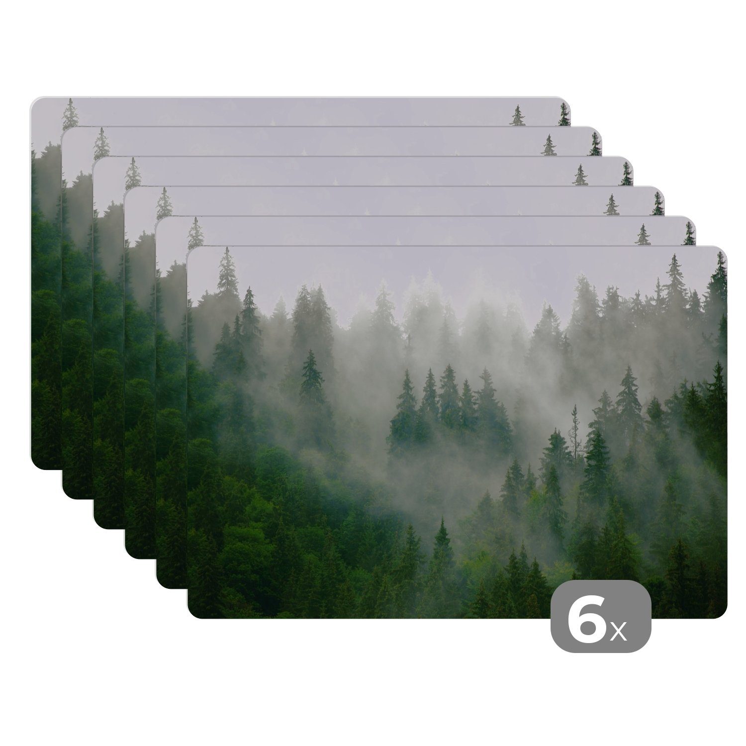 MuchoWow Platzset Wald - Nebel - Bäume - Natur, (6-St), Platzsets, Tischset, Abwaschbar, Tischsets, Platzdeckchen