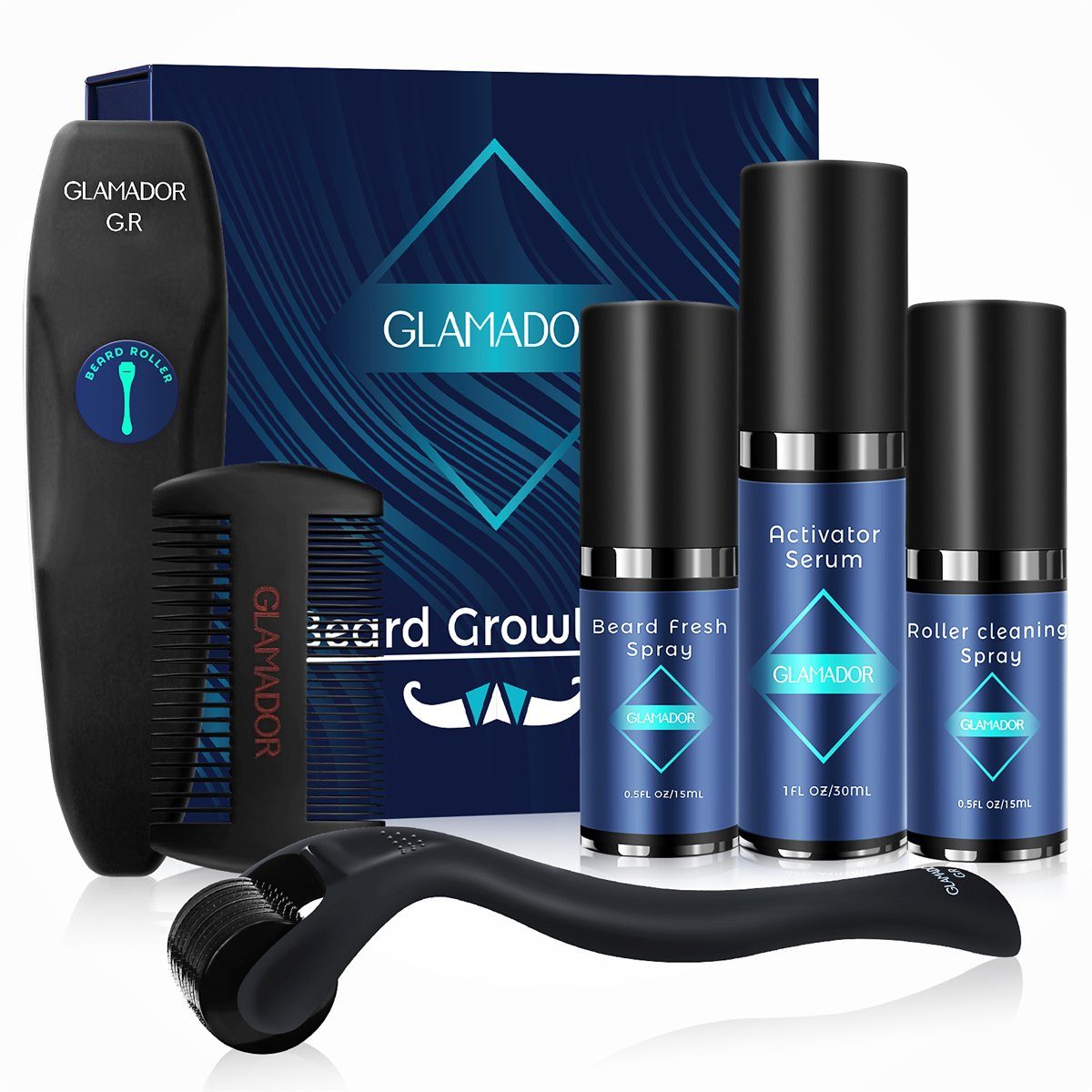 GLAMADOR Bartgel, 5-tlg., Bartwuchsmittel Set Aktivator mit Bart Kamm