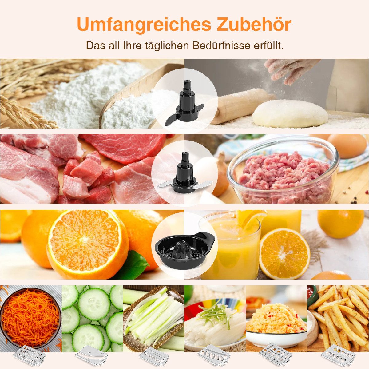 7MAGIC Küchenmaschine 9 in 1 Multifunktional Food Processor, Kompakt Küchenmaschine, 750 W, 1.2 l Schüssel, inkl. Zerkleinerer, 1,8L mixerbecher und weiteres Schneidzubehör